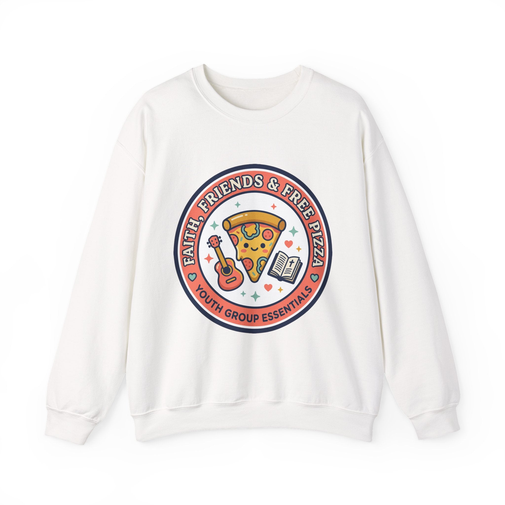 Faith, Friends & Free Pizza Crewneck Sweatshirt | Christian memes, church camp retro