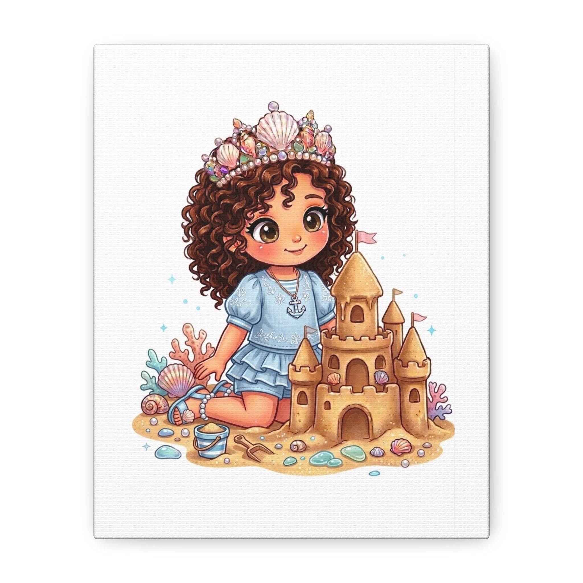 Cute Little Mermaid Princess Beach Canvas — Kid’s Wall Art with Sandcastle
