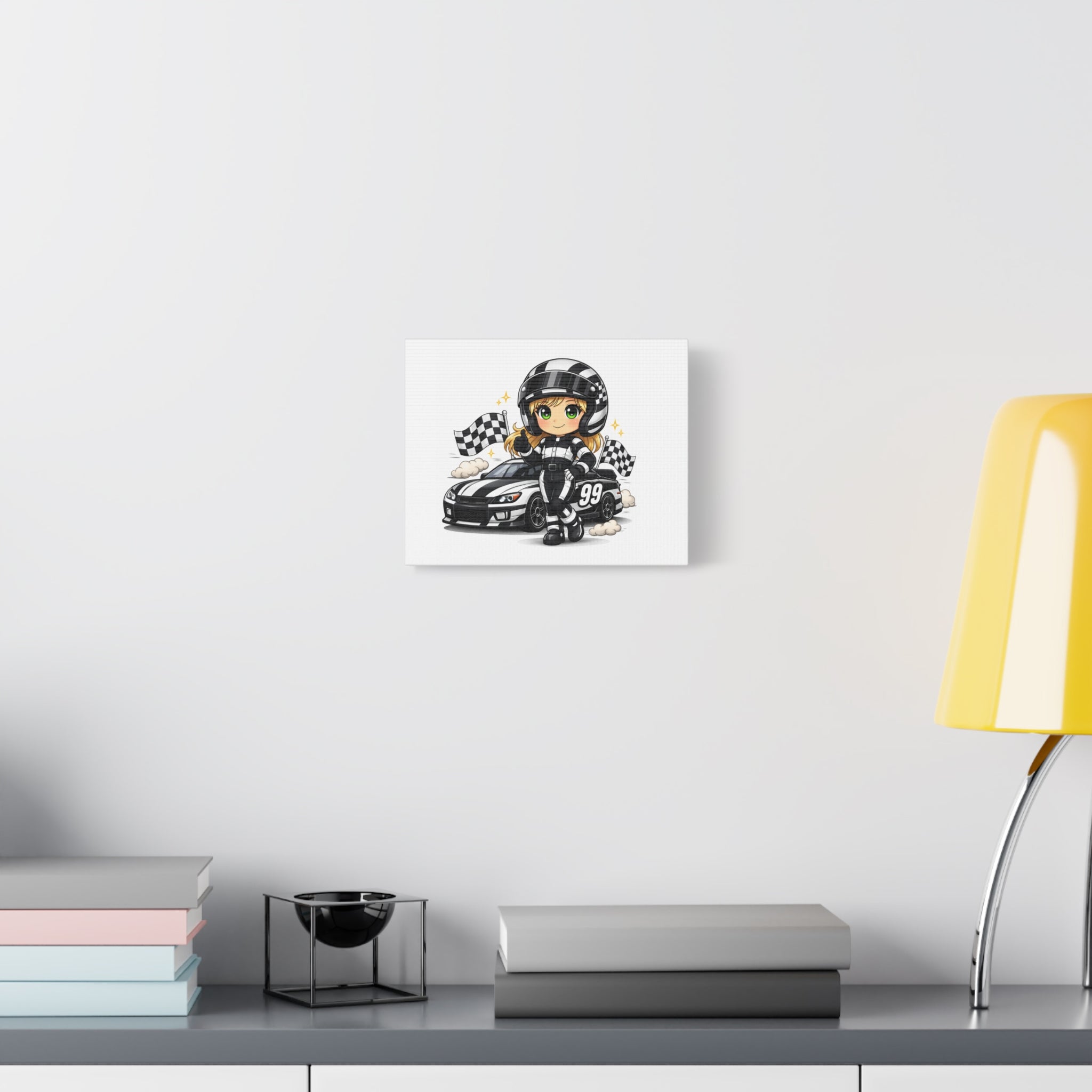 Race Car Driver Girl Canvas Print — Cute Motorsport Wall Art (Checkered Flag, #99)