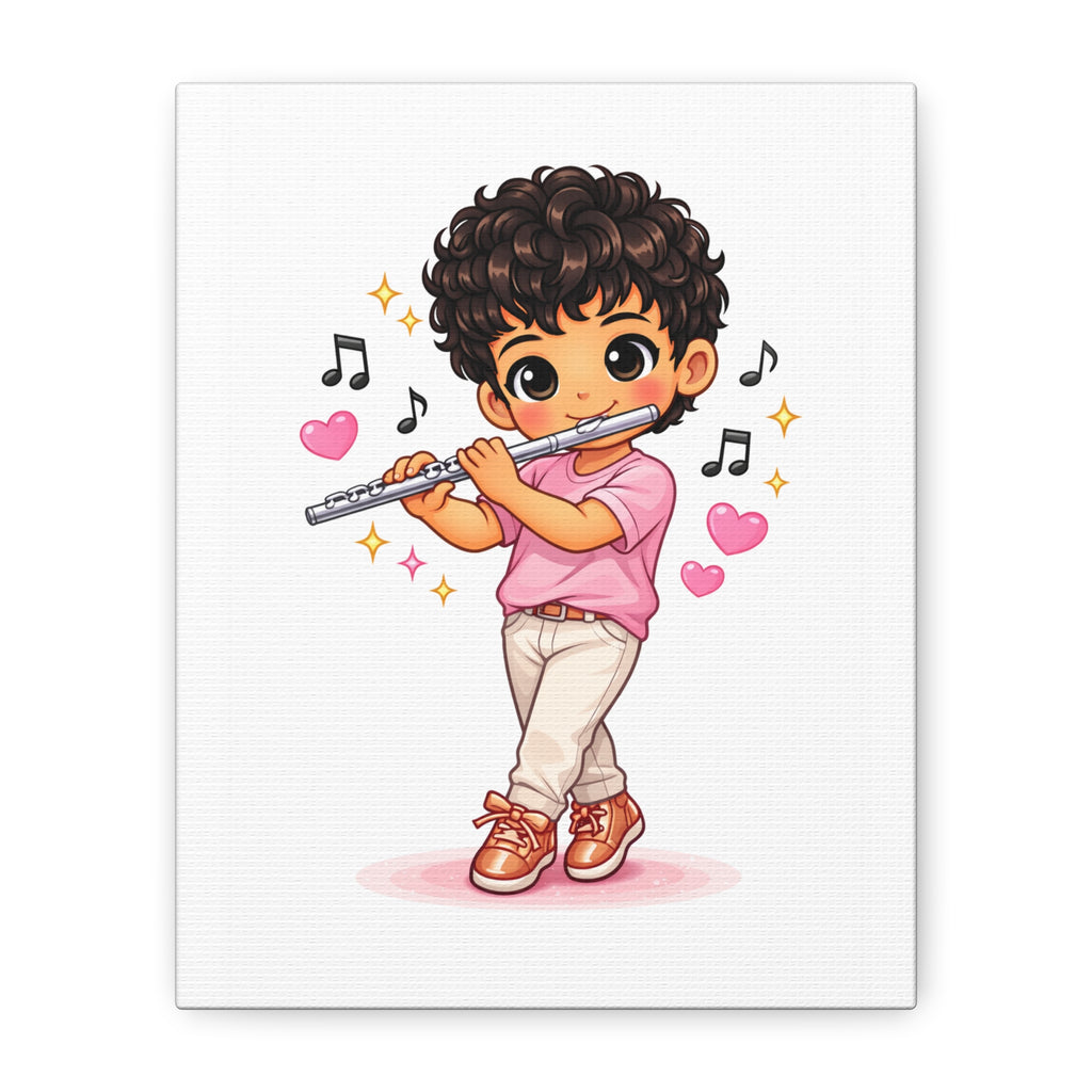 Cute Boy Playing Flute Matte Canvas Wall Art — Chibi Musician Decor