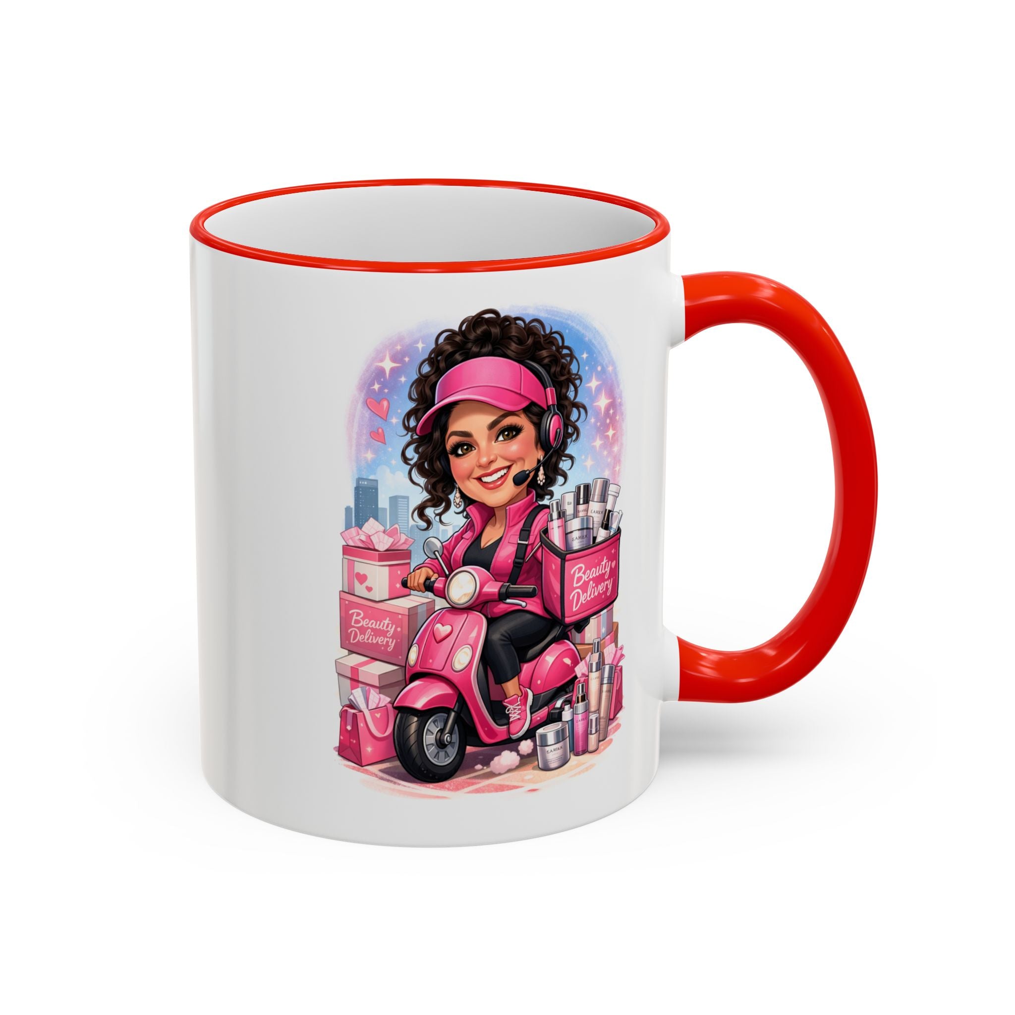 Coffee Mug — Cute Pink Makeup Girl Illustration Accent Rim & Handle