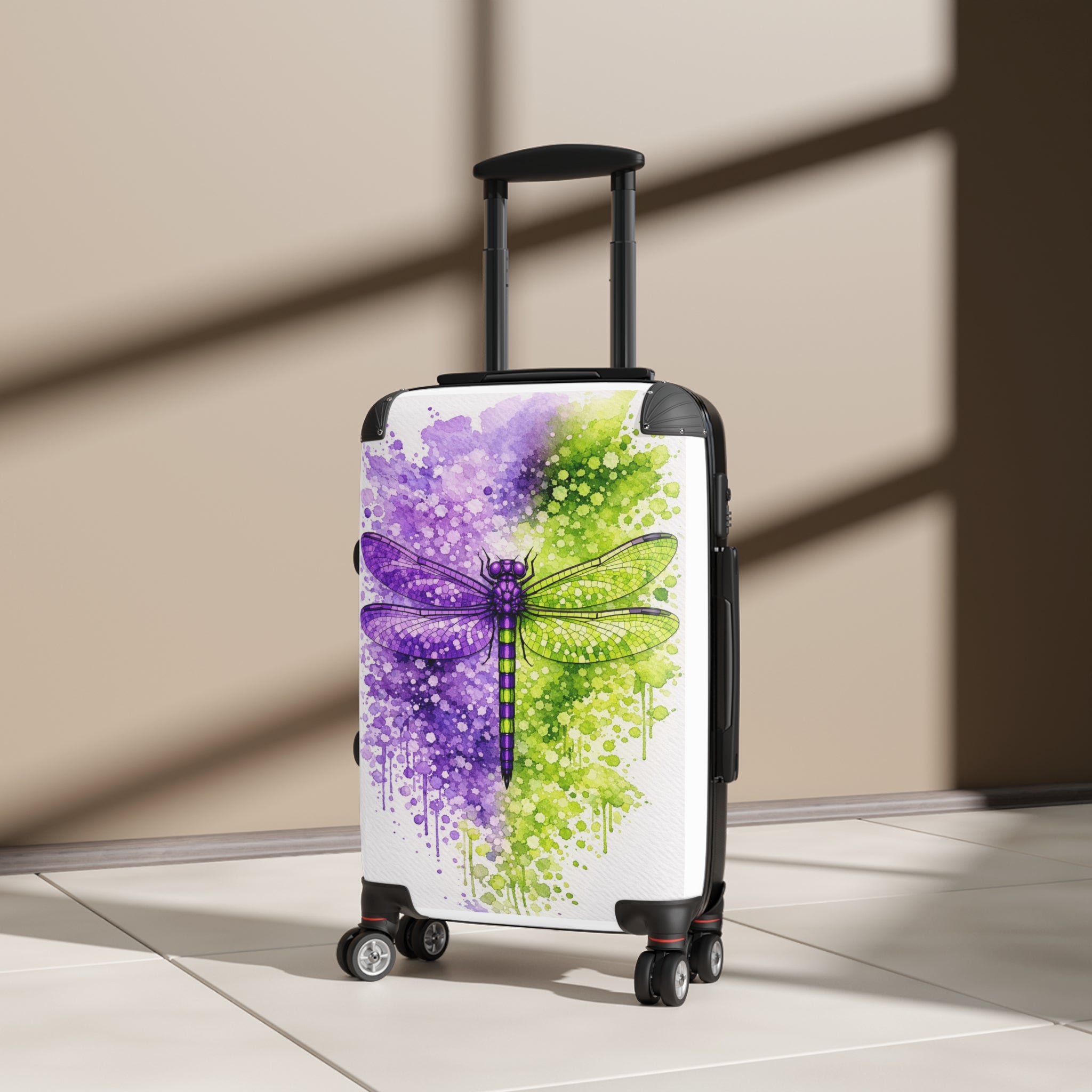 Dragonfly Carry-On Suitcase — Purple & Green Watercolor Splash Travel Luggage