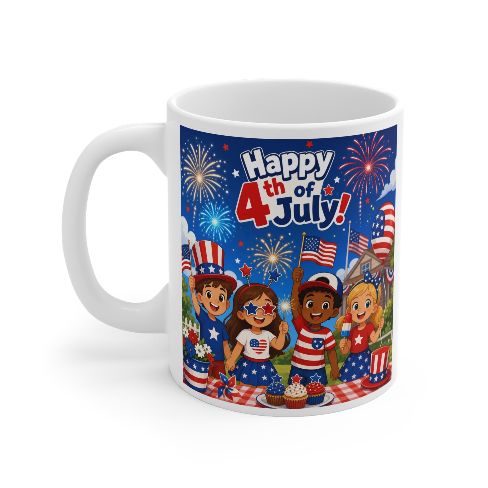 4th of July Mug – Patriotic Kids Fireworks Coffee Cup (11 oz)