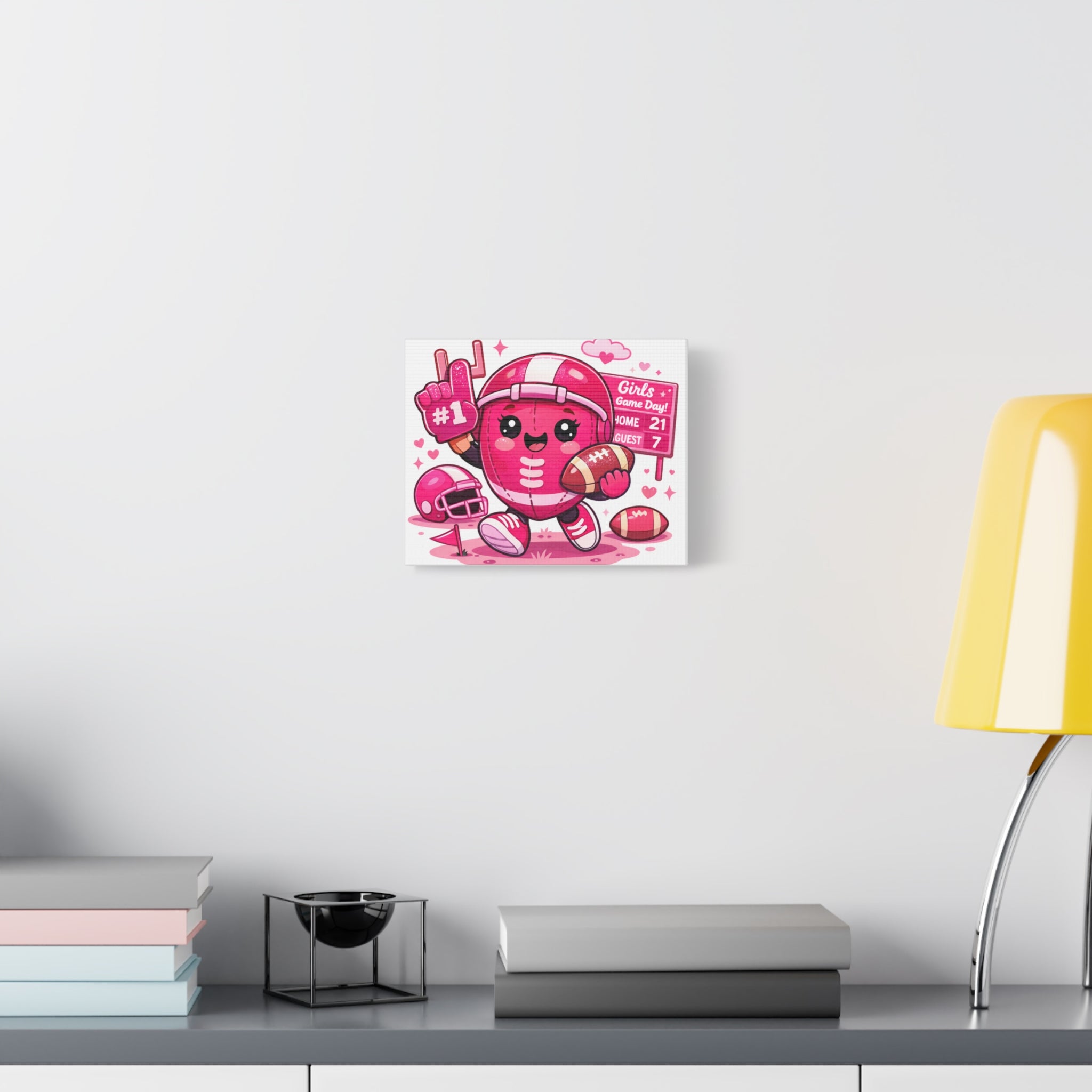 Cute Pink Football Girl Canvas Wall Art — 'Girls Game Day' Stretched Matte Print