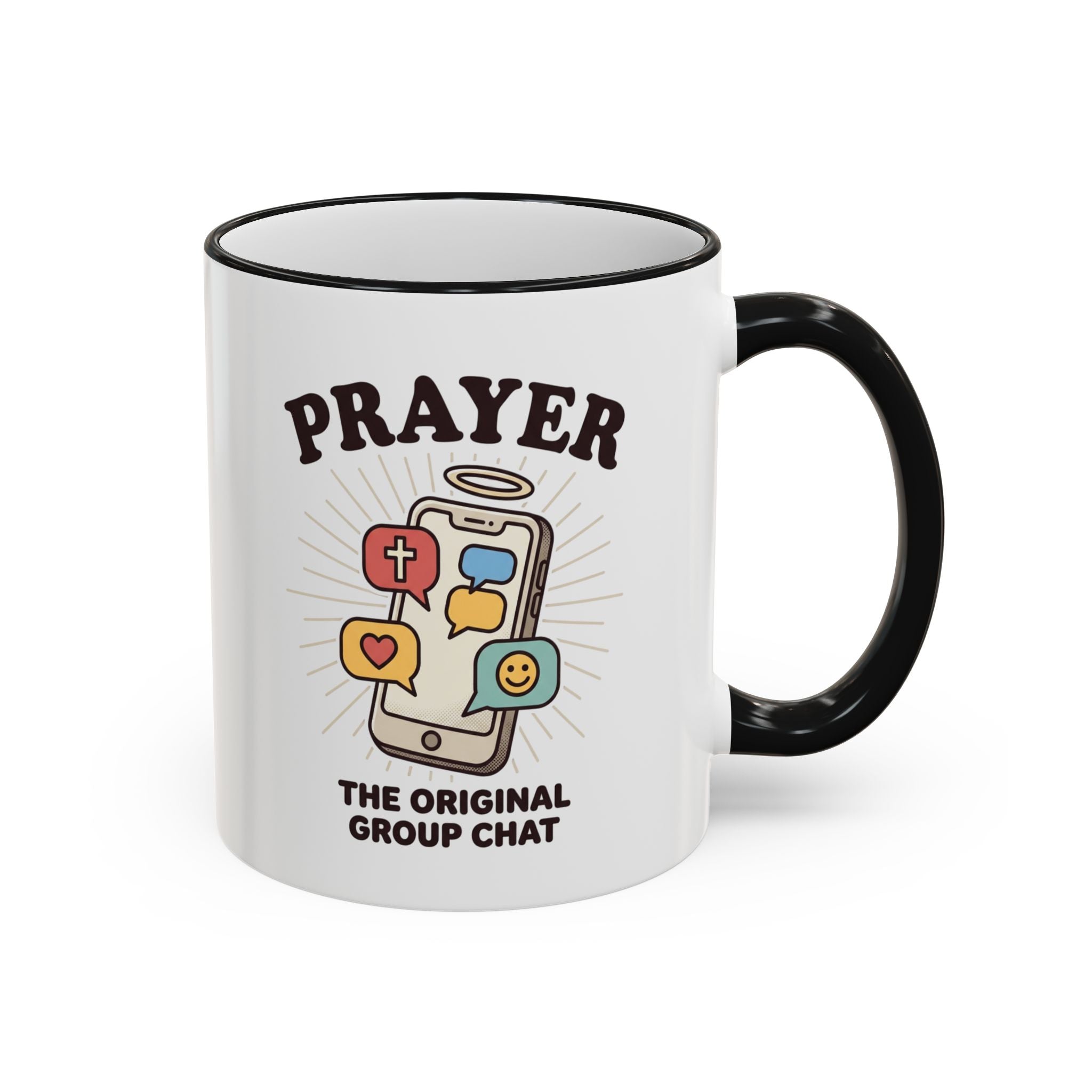 Prayer Mug — "Prayer: The Original Group Chat" Accent Rim & Handle Coffee Cup
