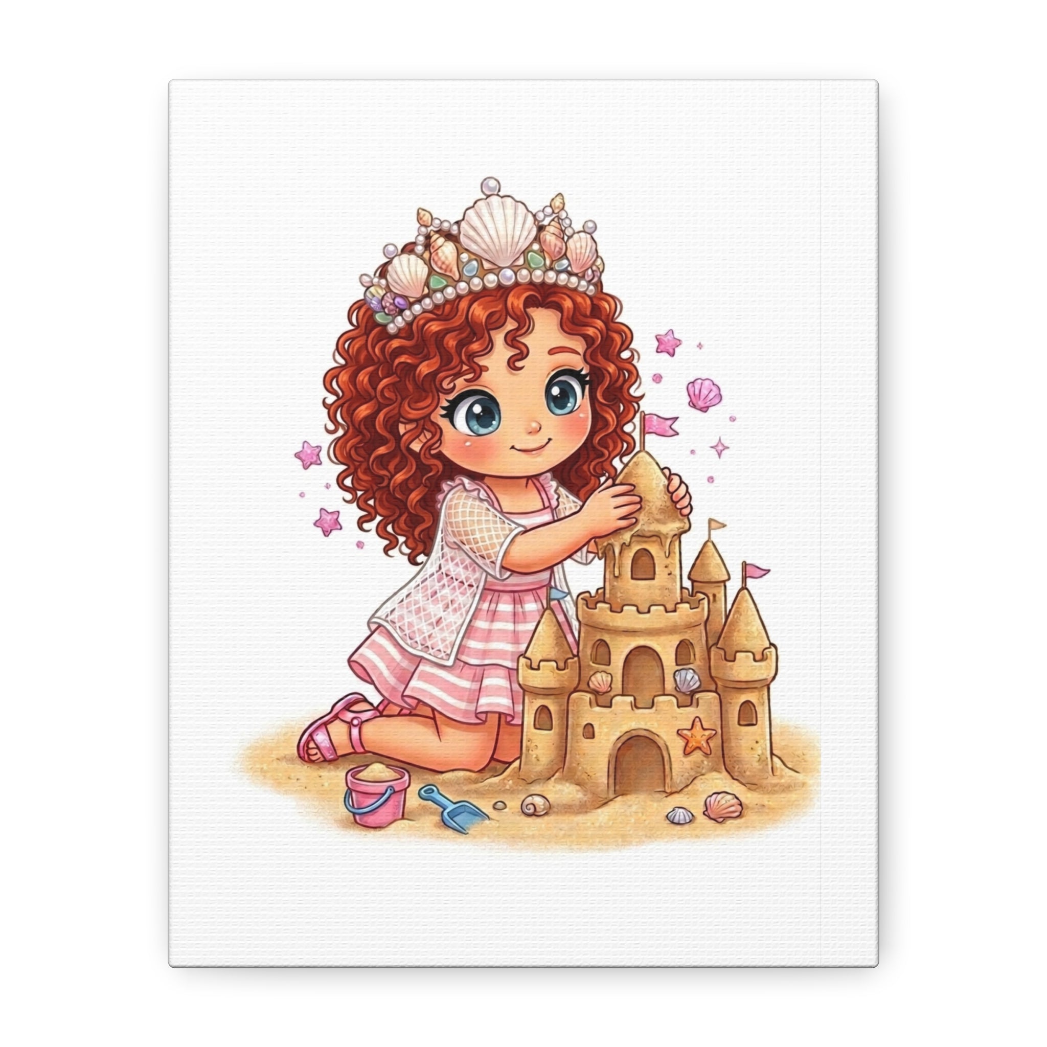 Cute Girl Building Sandcastle Canvas Print — Beach Princess Nursery Wall Art