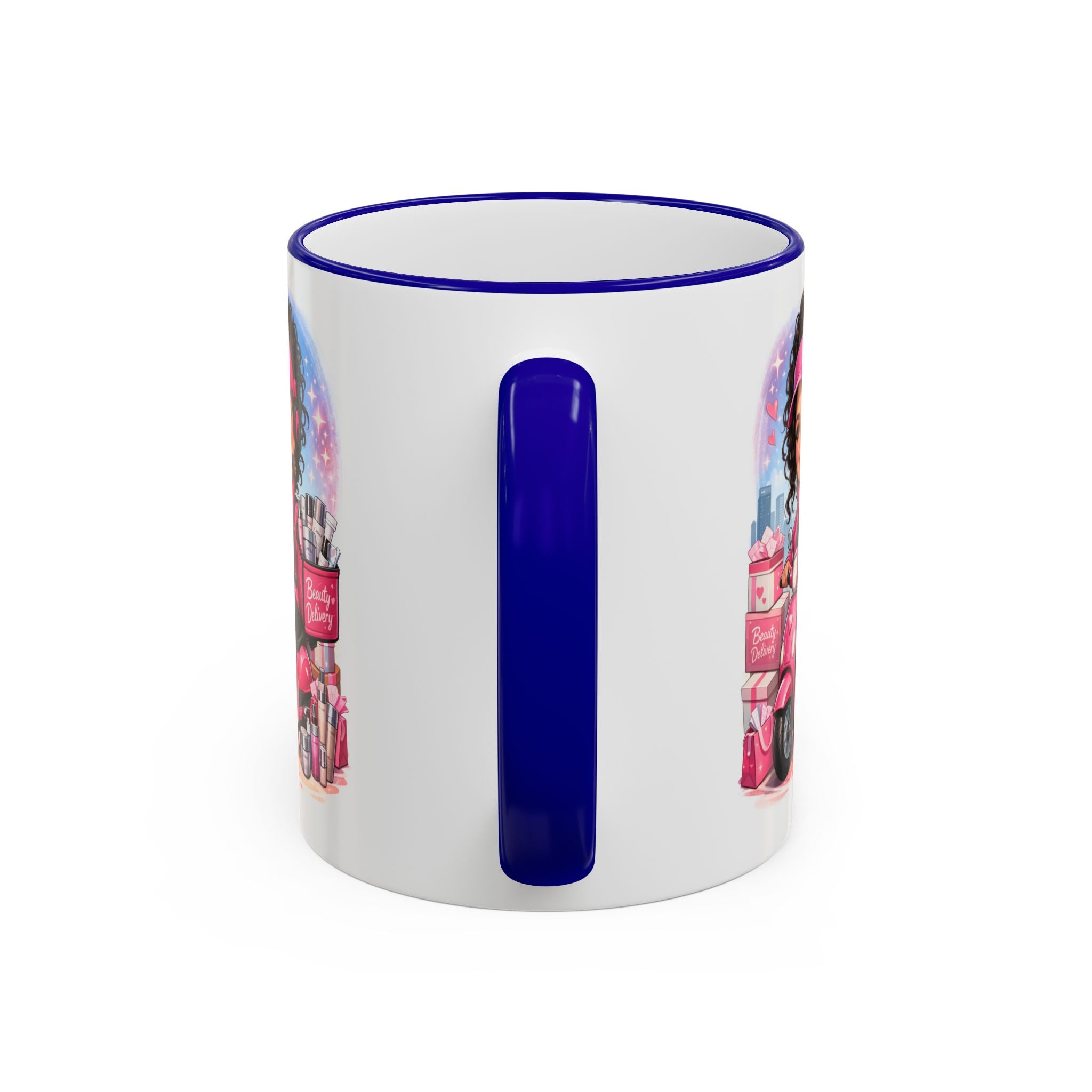 Coffee Mug — Cute Pink Makeup Girl Illustration Accent Rim & Handle