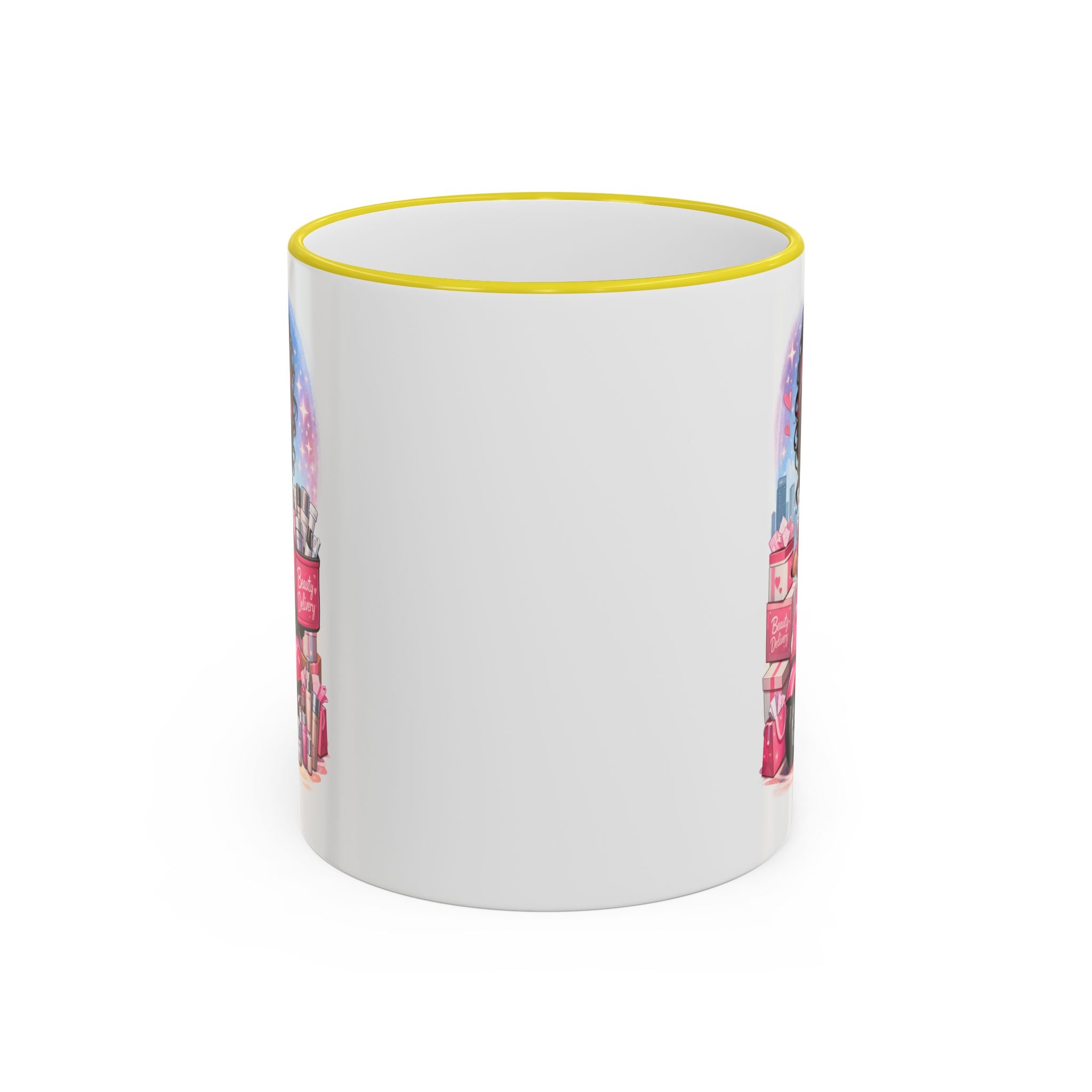Coffee Mug — Cute Pink Makeup Girl Illustration Accent Rim & Handle