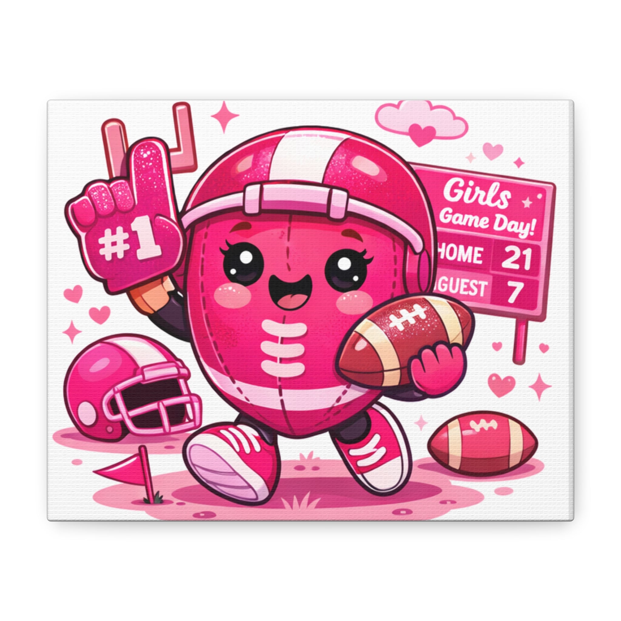 Cute Pink Football Girl Canvas Wall Art — 'Girls Game Day' Stretched Matte Print