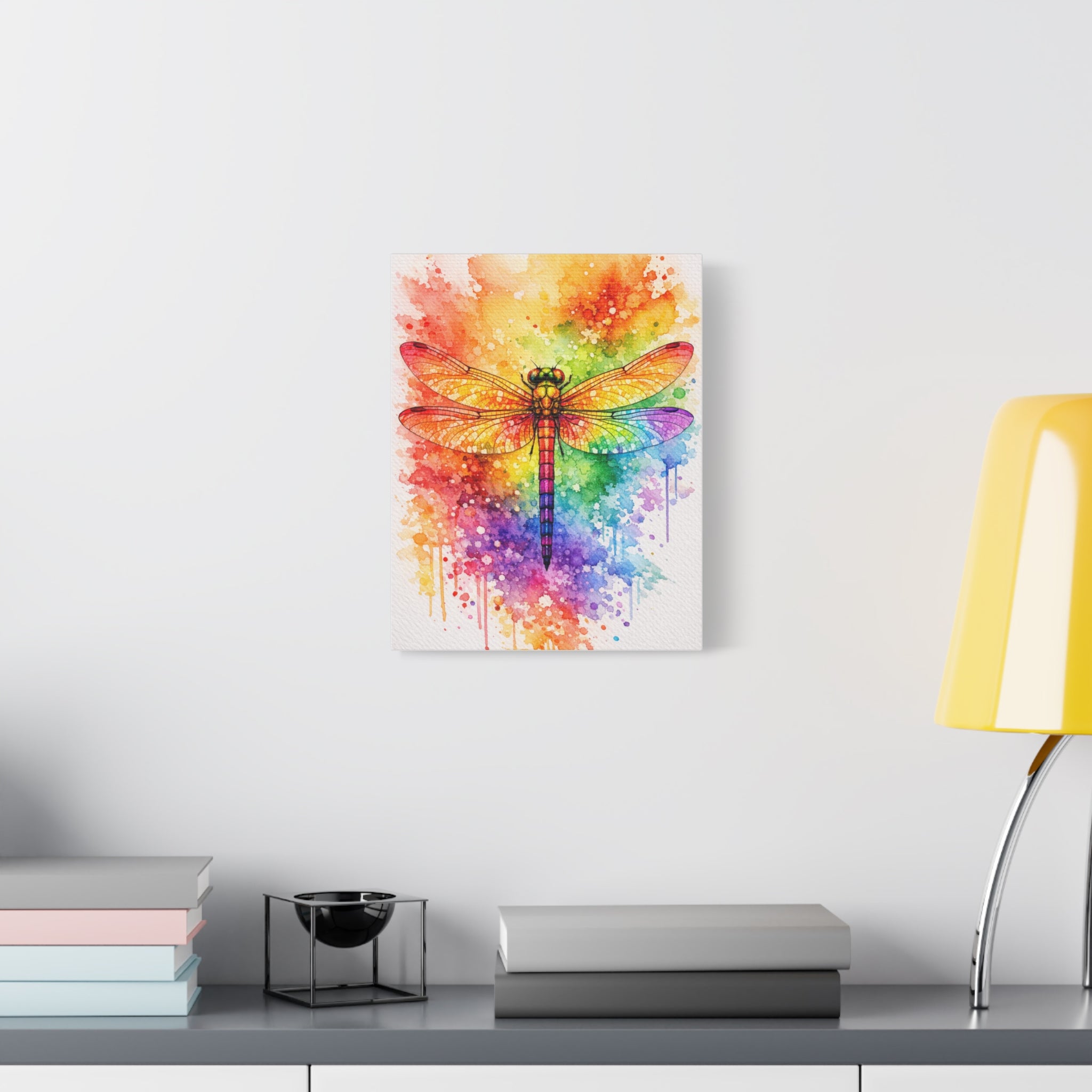 Rainbow Watercolor Dragonfly Canvas Art – Vibrant Stretched Matte Wall Decor