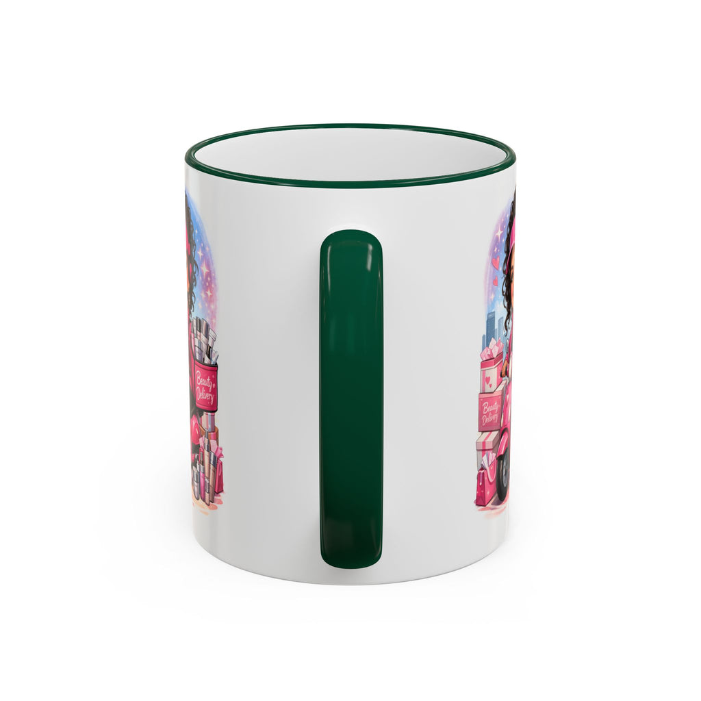 Coffee Mug — Cute Pink Makeup Girl Illustration Accent Rim & Handle