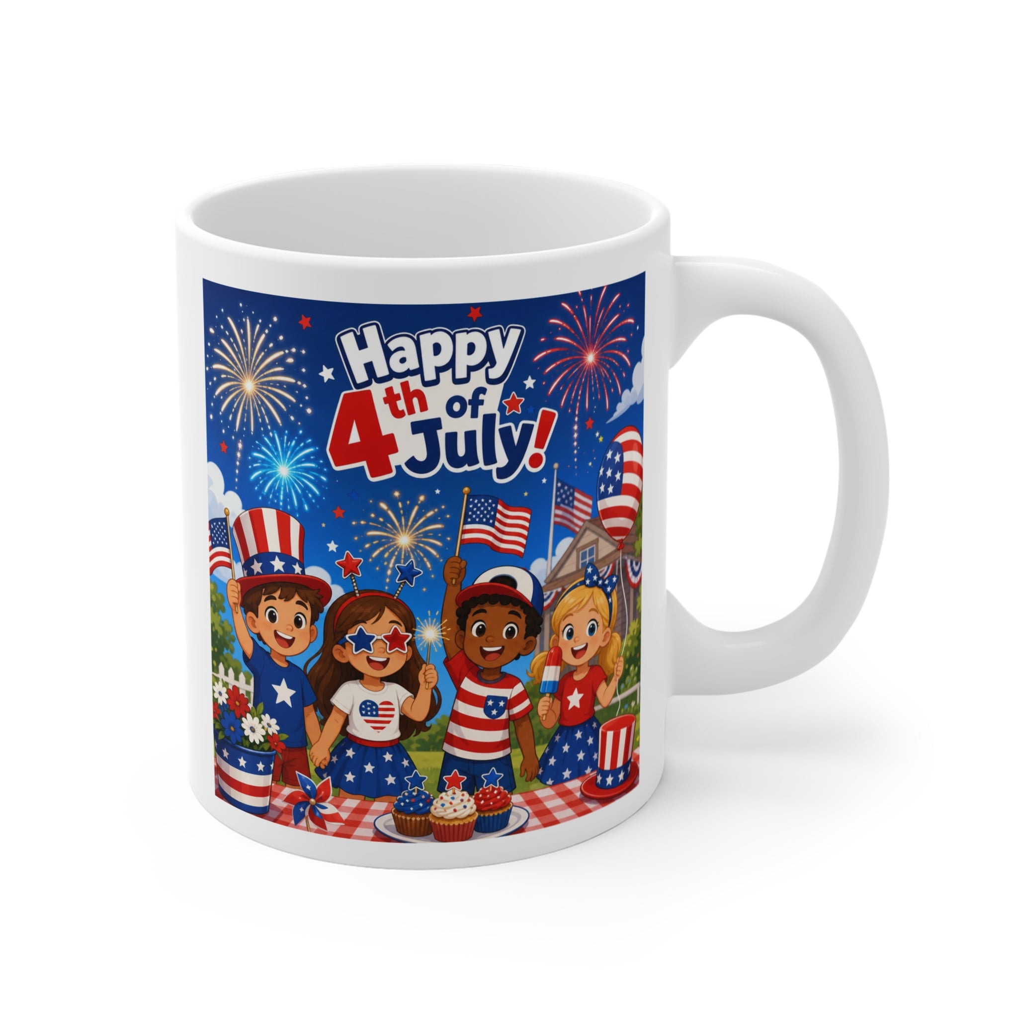 4th of July Mug – Patriotic Kids Fireworks Coffee Cup (11 oz)