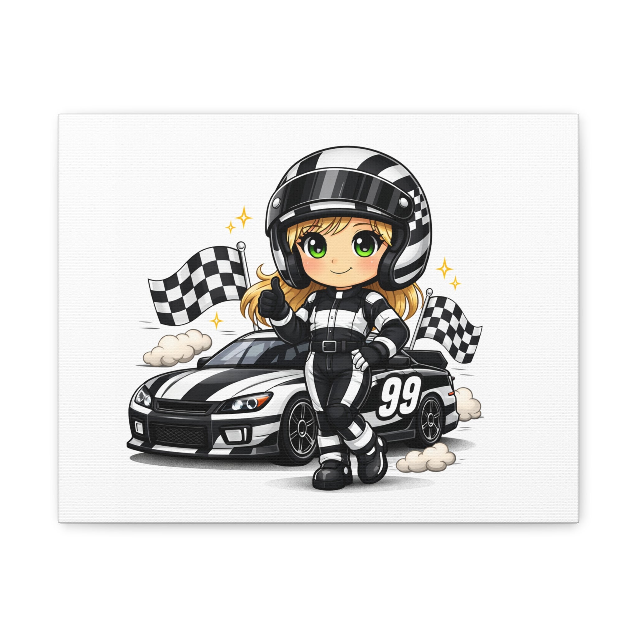 Race Car Driver Girl Canvas Print — Cute Motorsport Wall Art (Checkered Flag, #99)