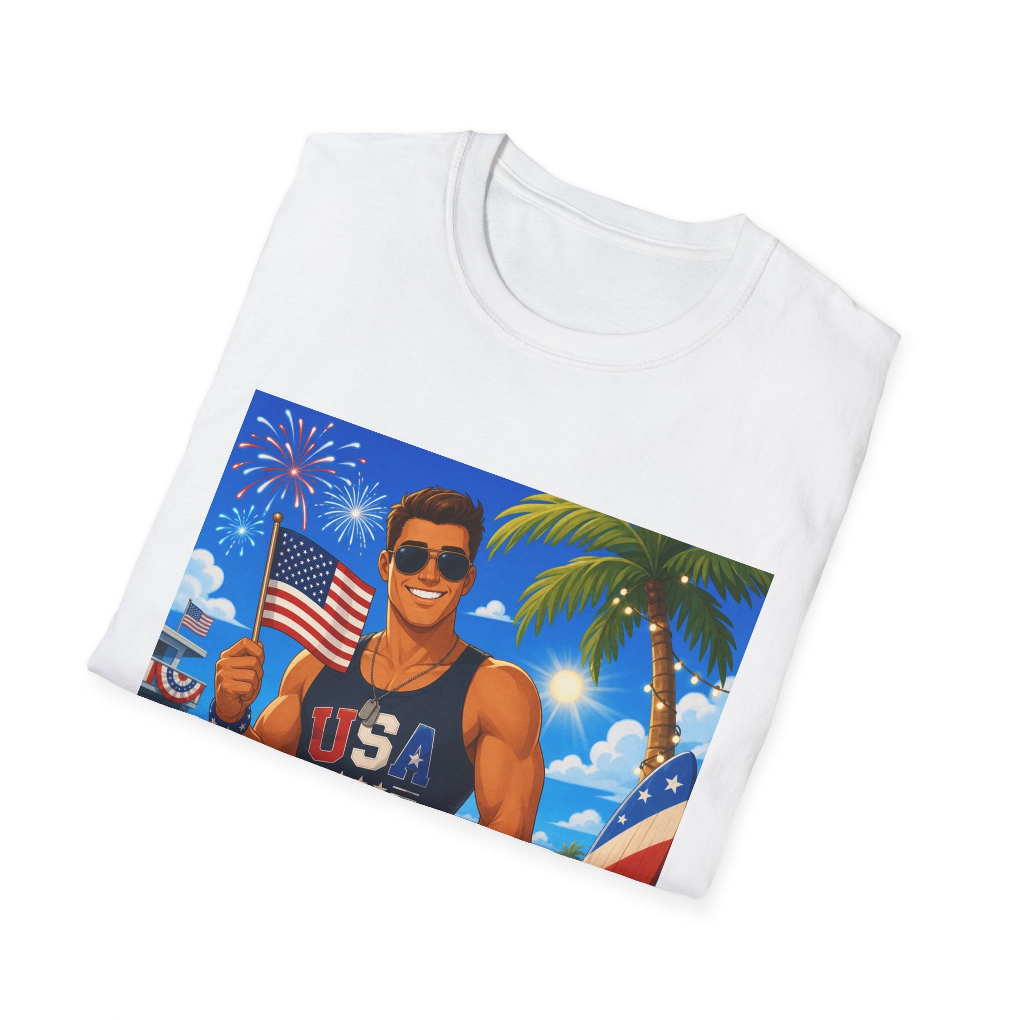 Patriotic USA Fourth of July Beach T-Shirt — USA Flag Muscle Man Graphic