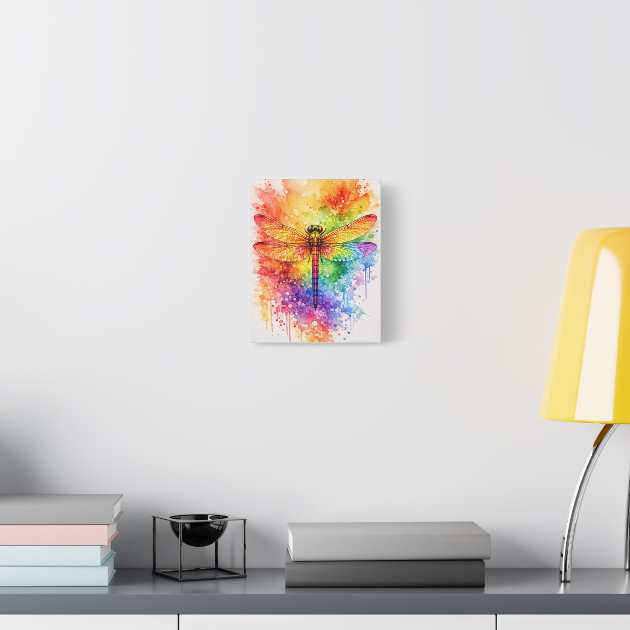 Rainbow Watercolor Dragonfly Canvas Art – Vibrant Stretched Matte Wall Decor