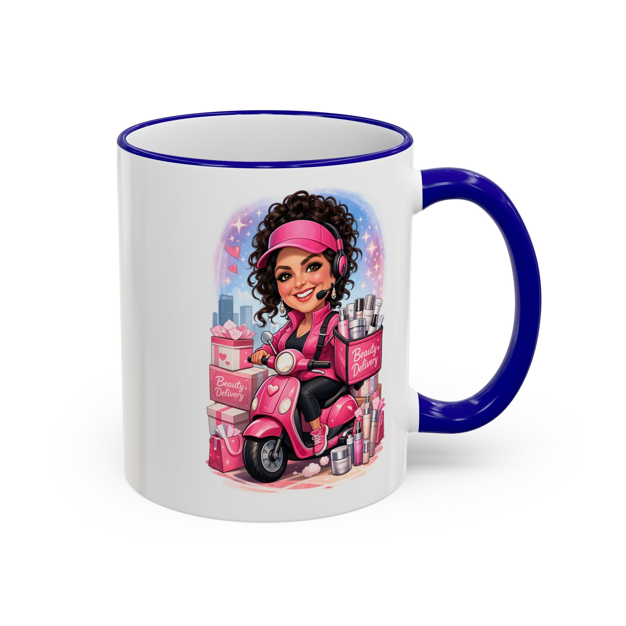 Coffee Mug — Cute Pink Makeup Girl Illustration Accent Rim & Handle
