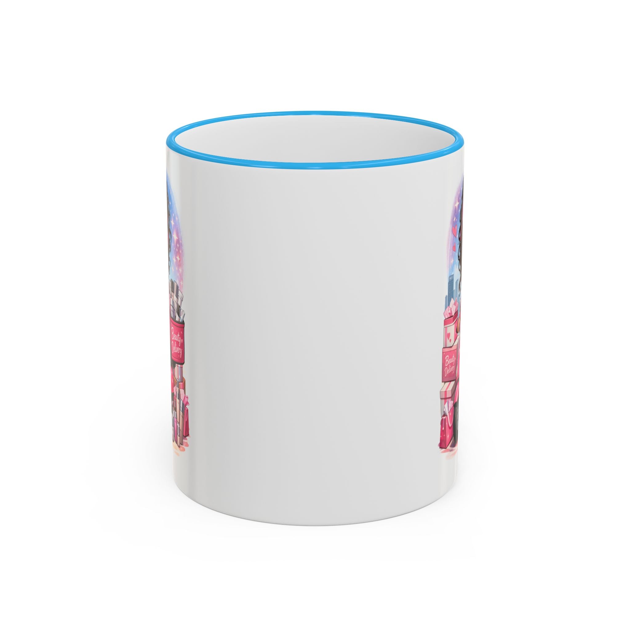 Coffee Mug — Cute Pink Makeup Girl Illustration Accent Rim & Handle