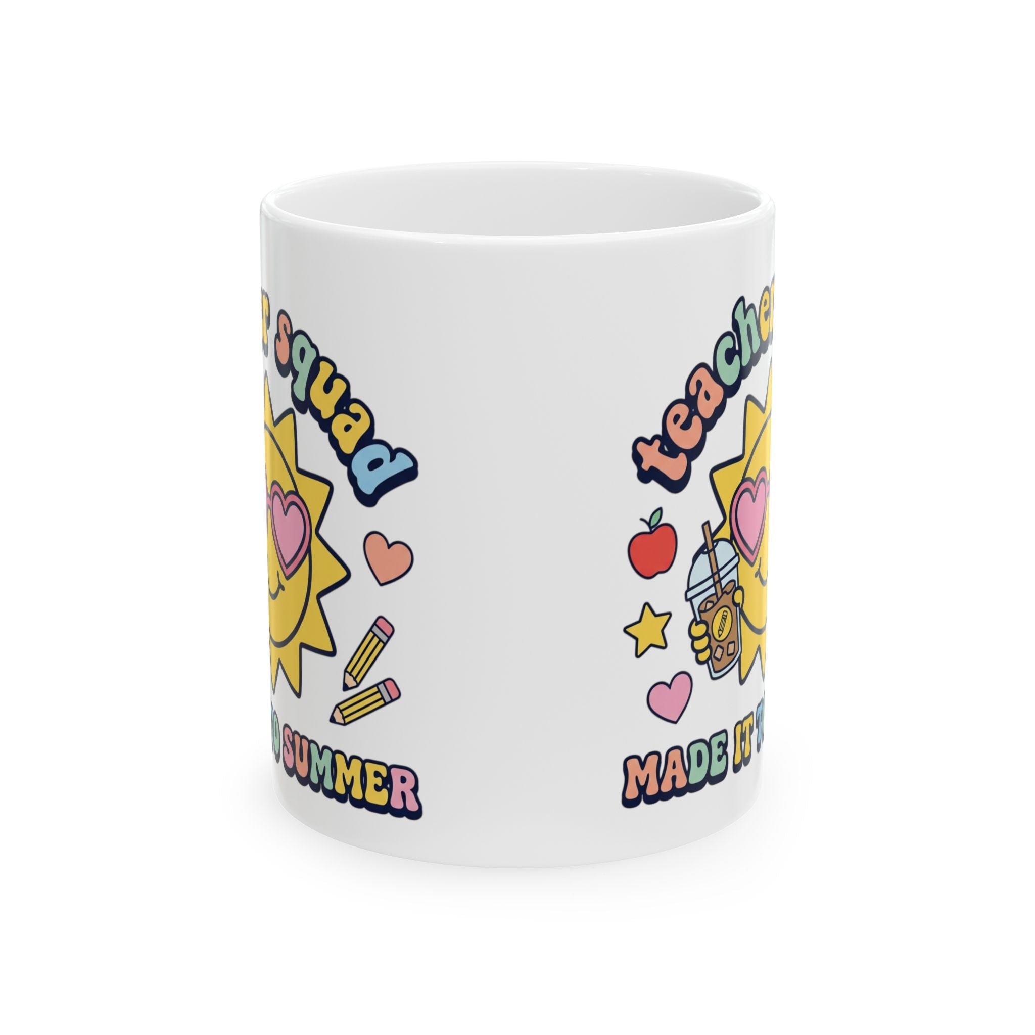 Teacher Squad Summer Ceramic Mug – "Made by a Teacher" Cute Sun & School Icons (11oz/15oz)