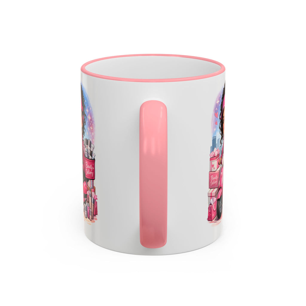 Coffee Mug — Cute Pink Makeup Girl Illustration Accent Rim & Handle