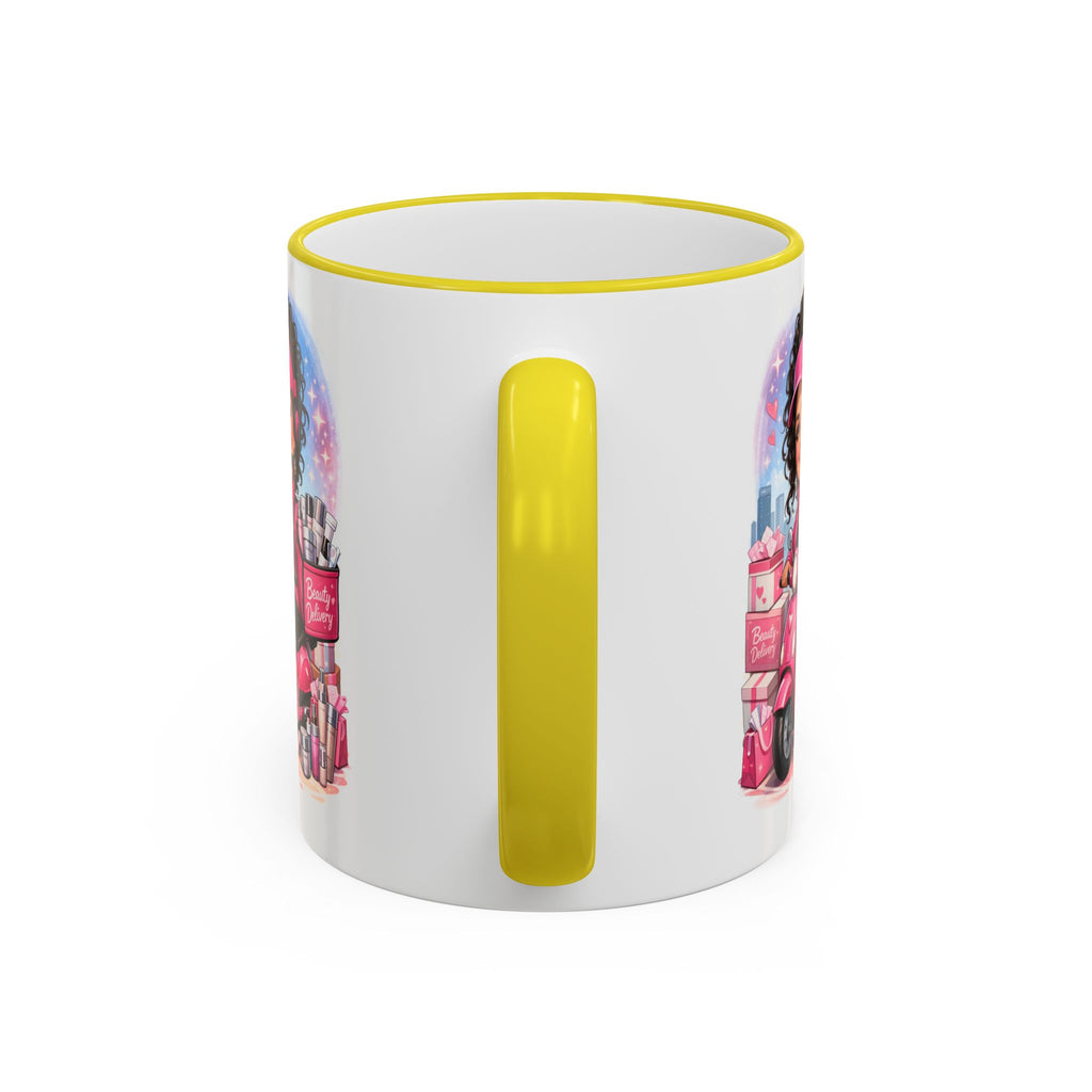 Coffee Mug — Cute Pink Makeup Girl Illustration Accent Rim & Handle