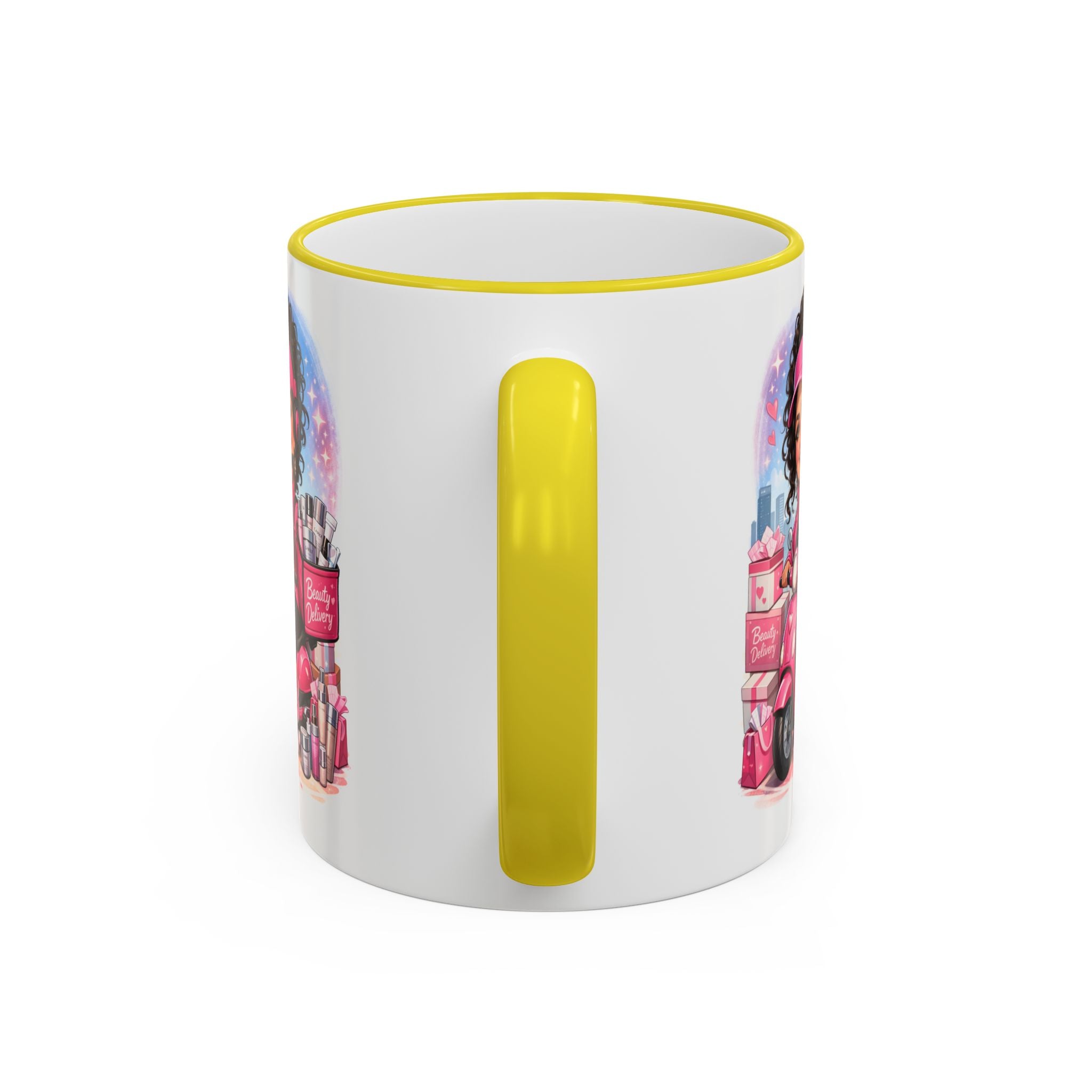 Coffee Mug — Cute Pink Makeup Girl Illustration Accent Rim & Handle
