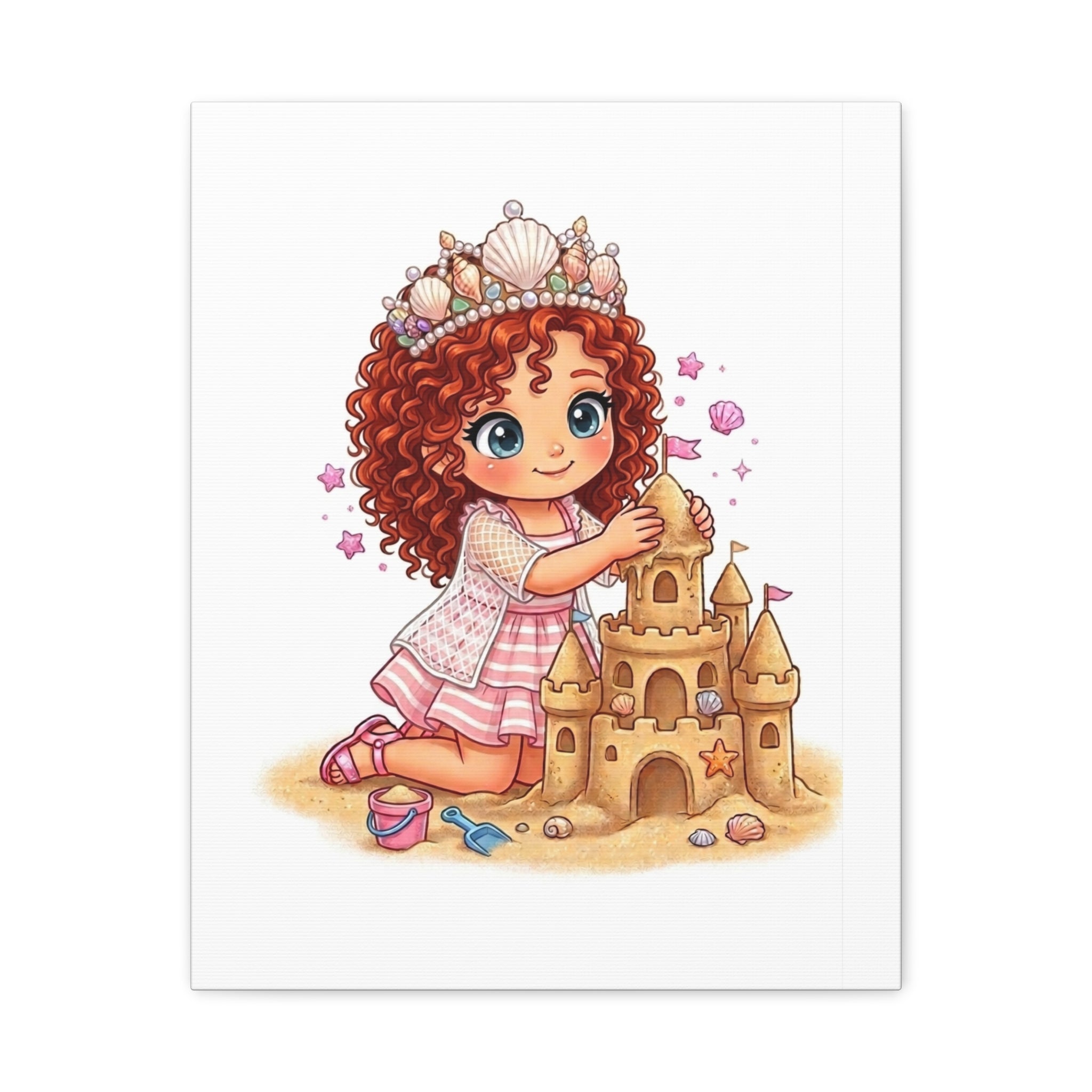 Cute Girl Building Sandcastle Canvas Print — Beach Princess Nursery Wall Art