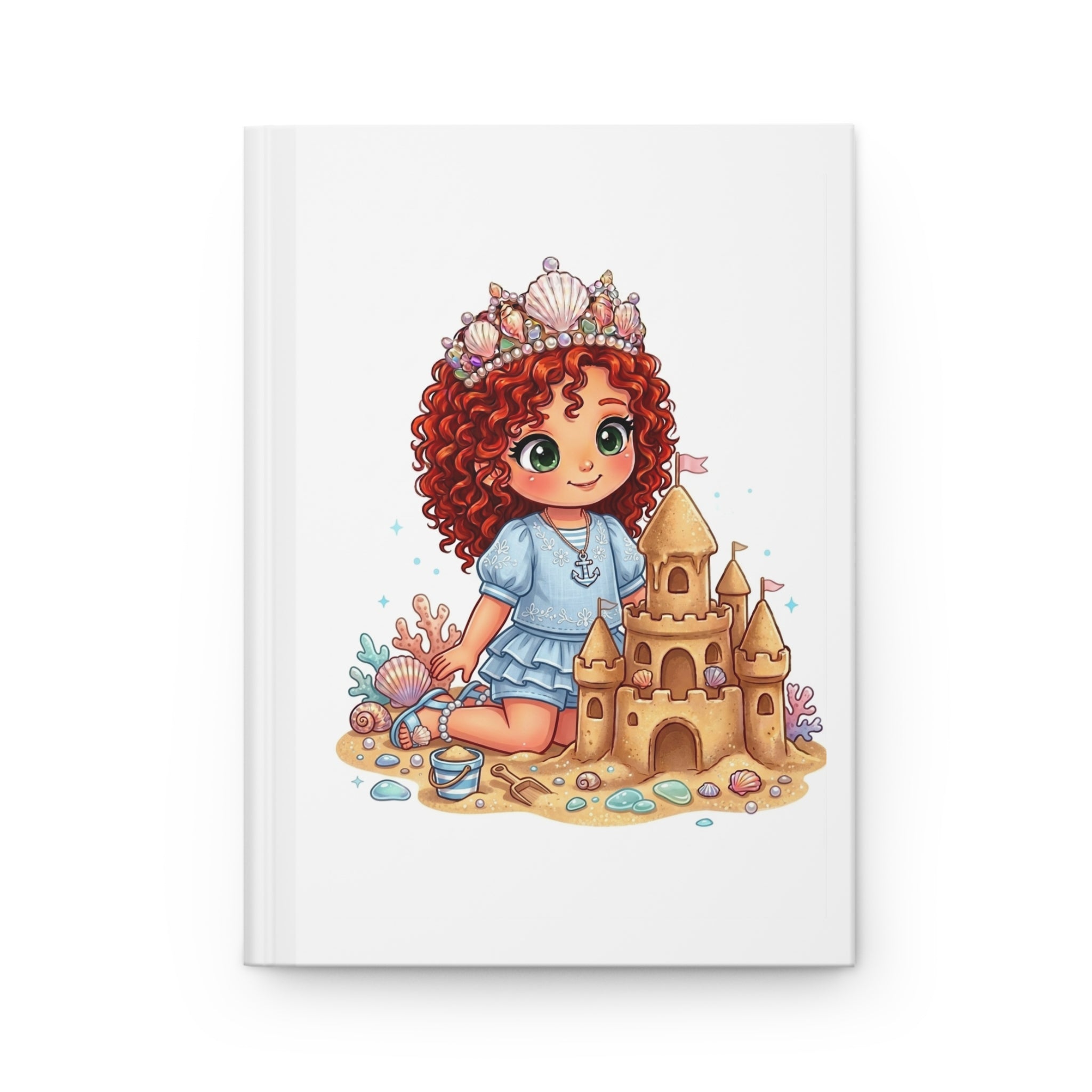 Mermaid Princess Sandcastle Hardcover Journal — Cute Redhead Girl Beach Notebook