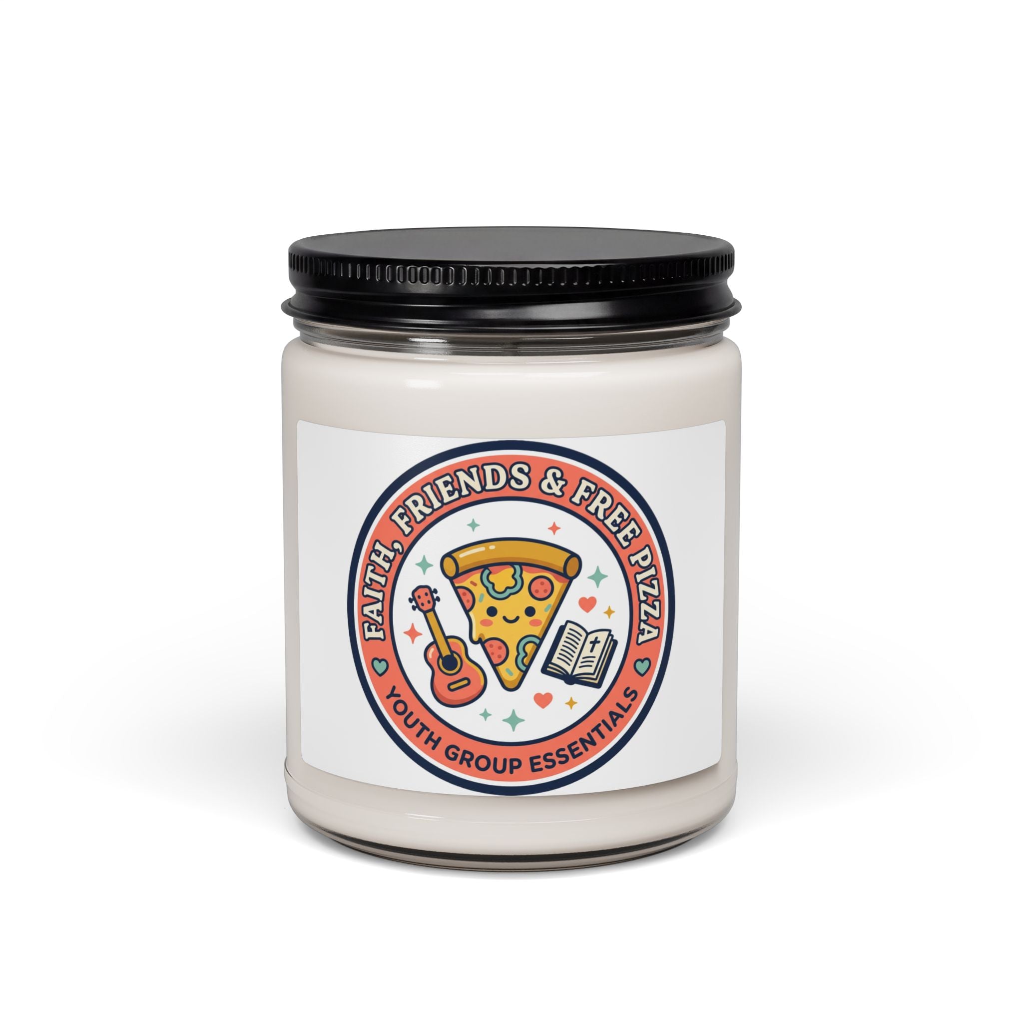 Faith, Friends & Free Pizza Candle | Christian memes, church camp vibe