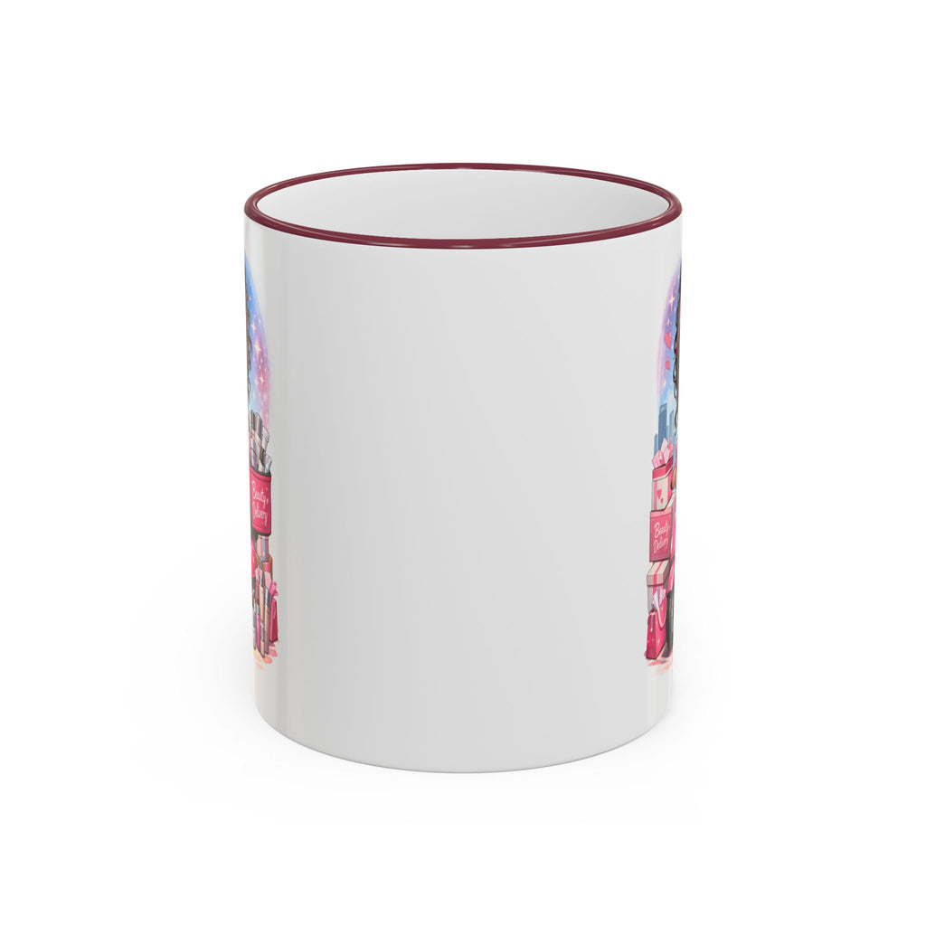 Coffee Mug — Cute Pink Makeup Girl Illustration Accent Rim & Handle