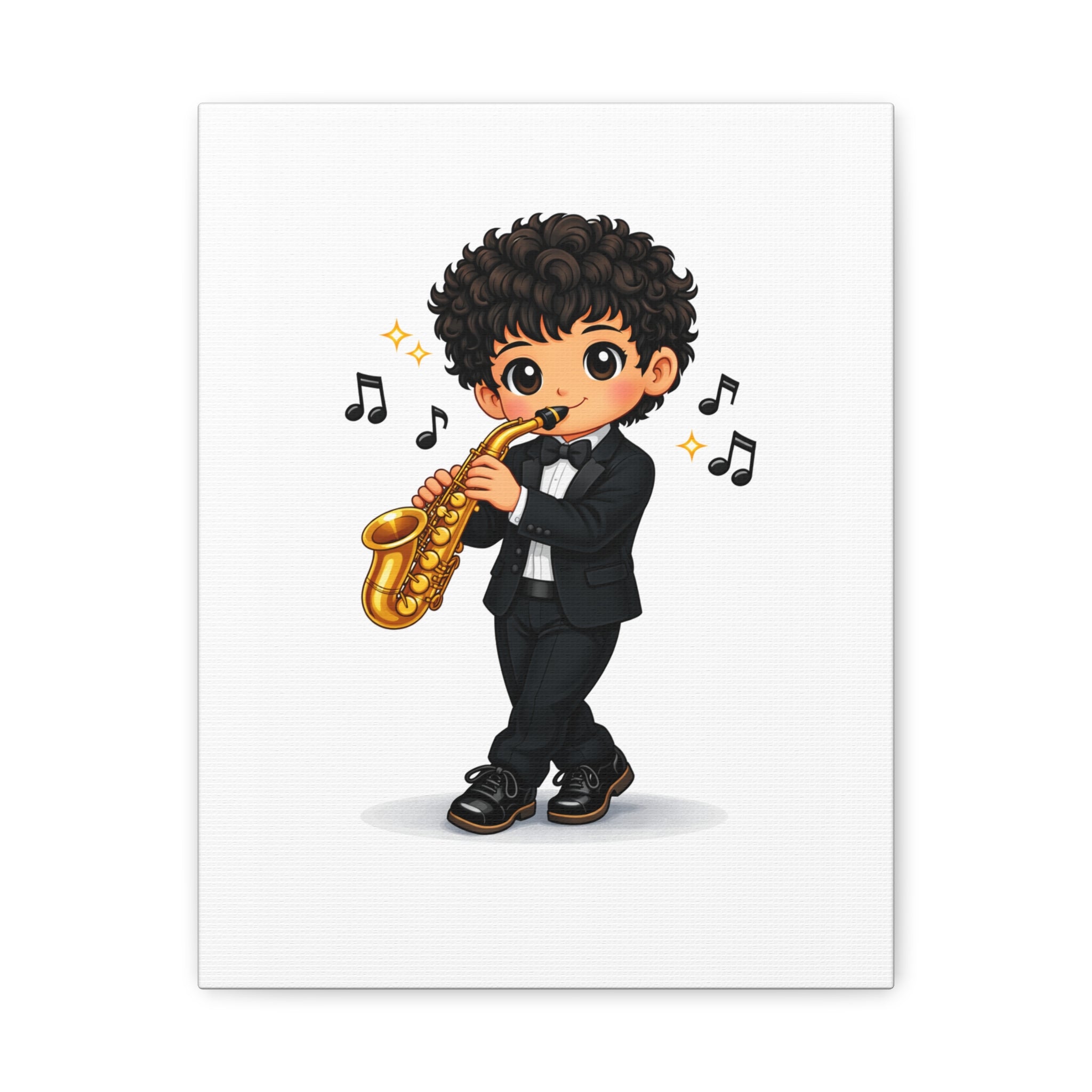 Cute Saxophonist Wall Canvas — Chibi Boy Playing Saxophone Artwork
