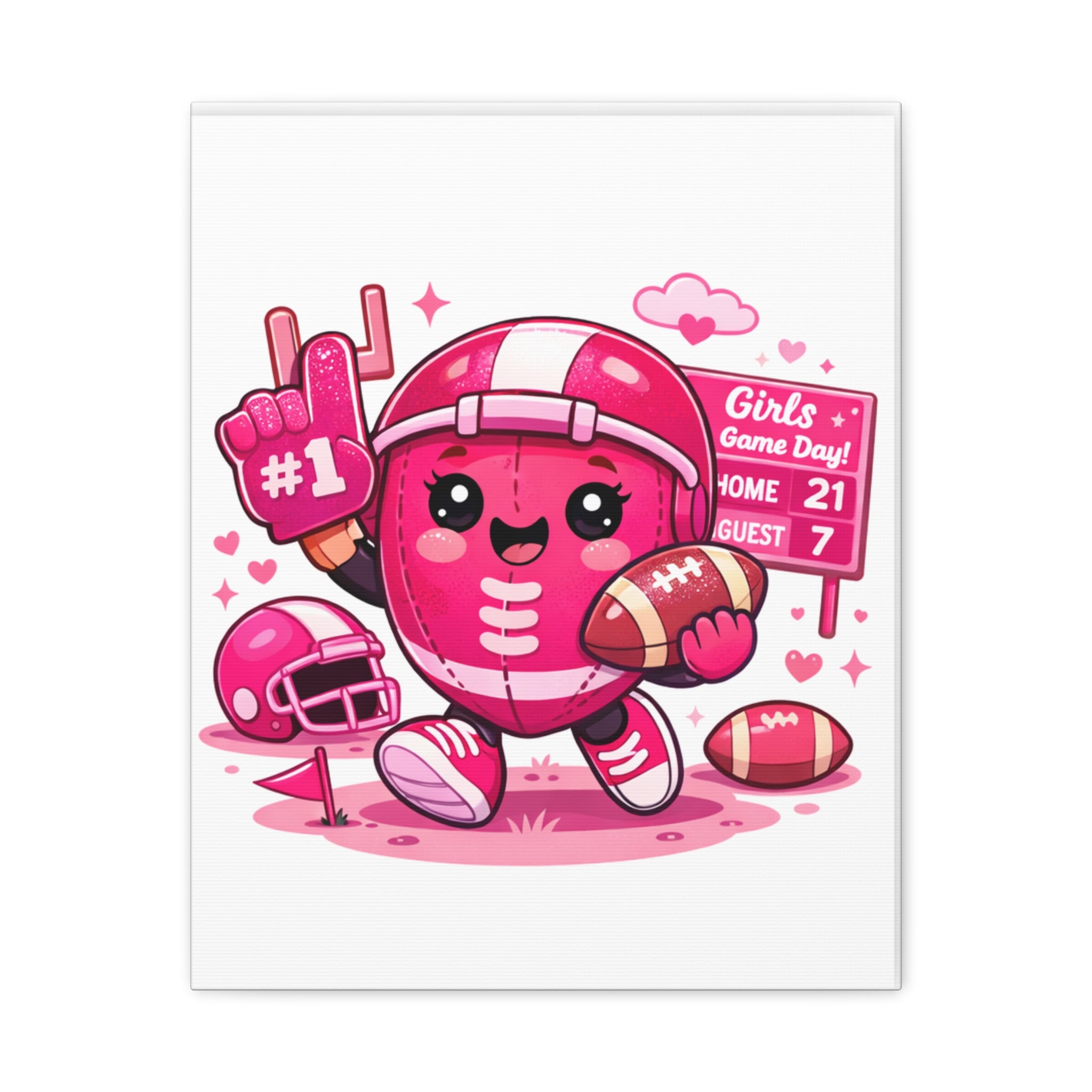Cute Pink Football Girl Canvas Wall Art — 'Girls Game Day' Stretched Matte Print