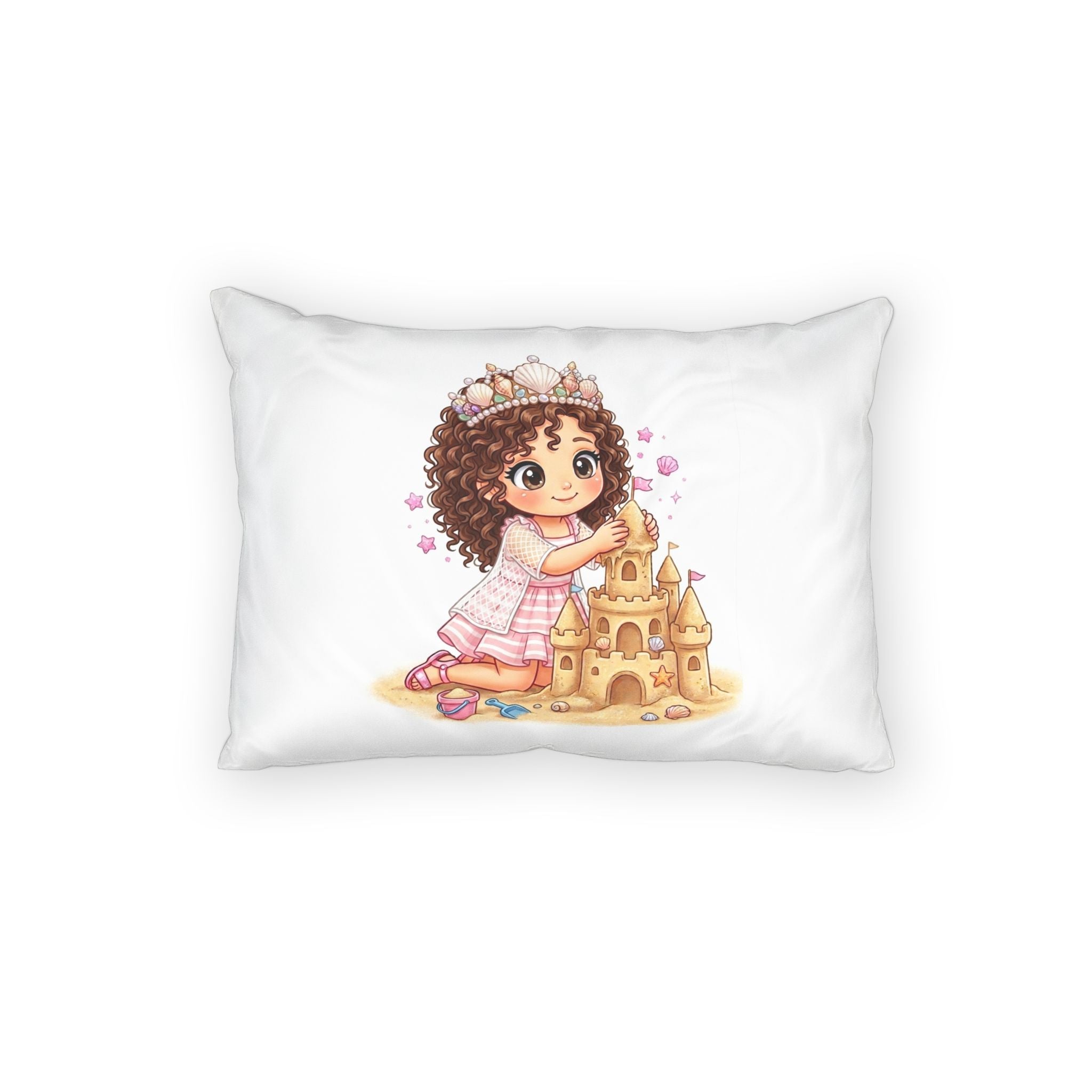 Princess Girl Sandcastle Cotton Pillow Sham — Cute Crowned Kid Illustration