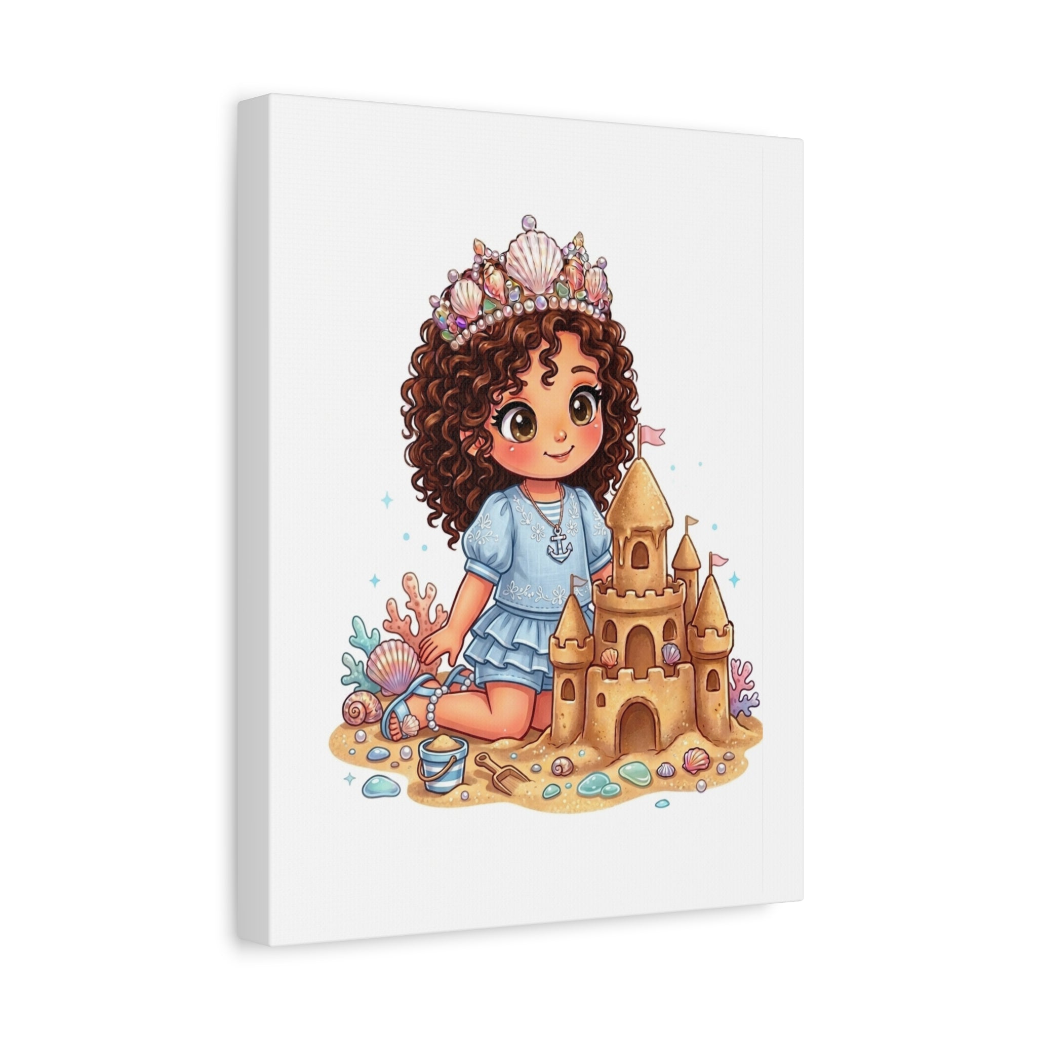 Cute Little Mermaid Princess Beach Canvas — Kid’s Wall Art with Sandcastle