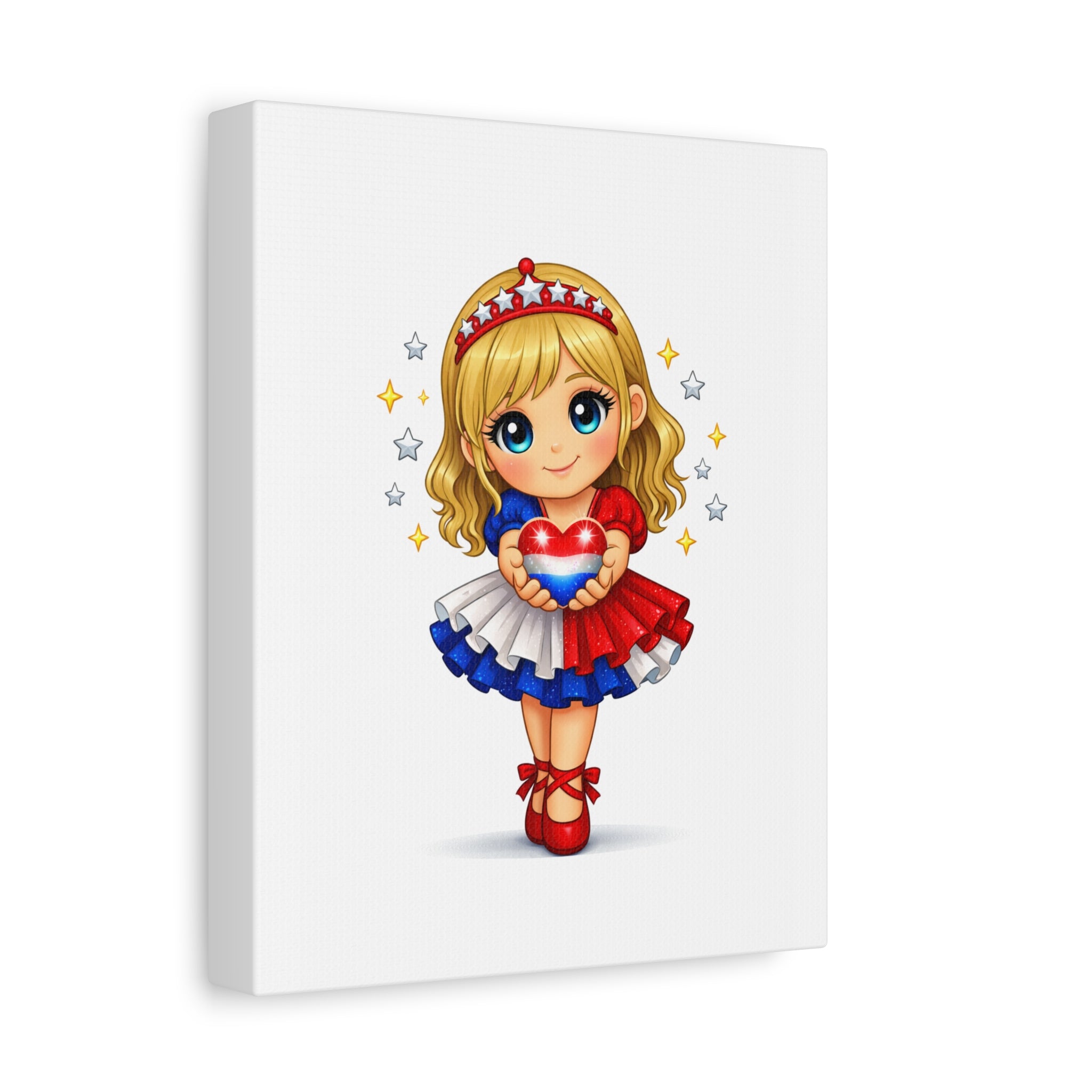 Patriotic Cute Girl Canvas Art — Red White Blue Heart Wall Decor