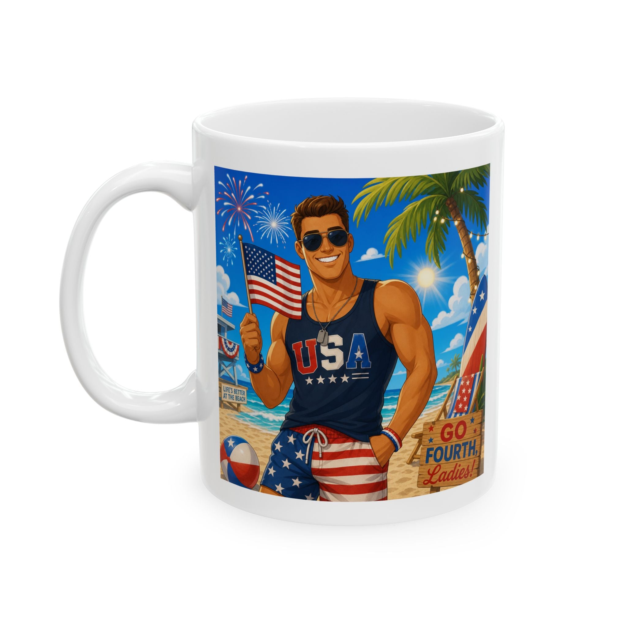 Fourth of July Beach Mug — USA Flag Fireworks Ceramic Coffee Cup
