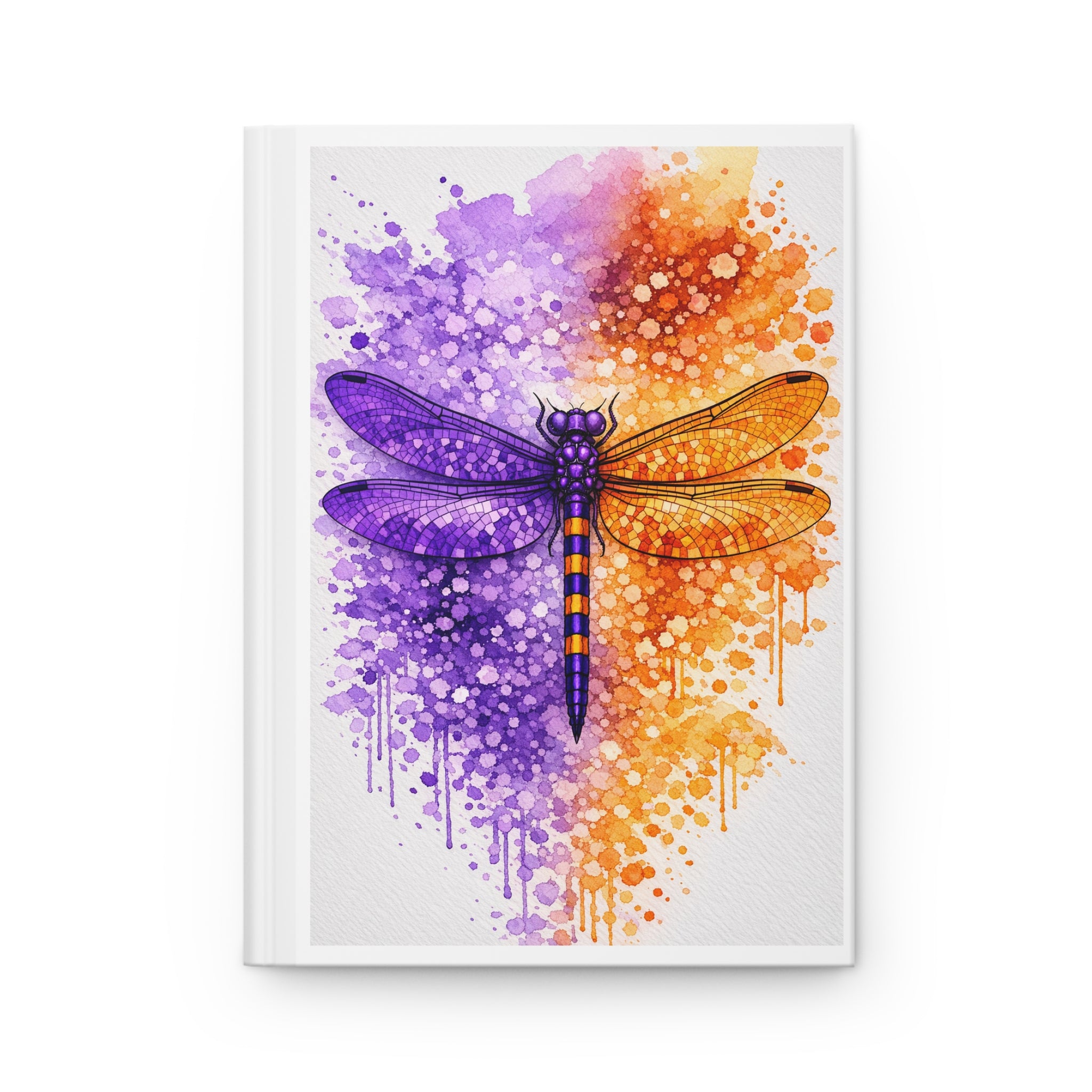Dragonfly Watercolor Hardcover Journal — Purple & Orange Splatter Art Notebook