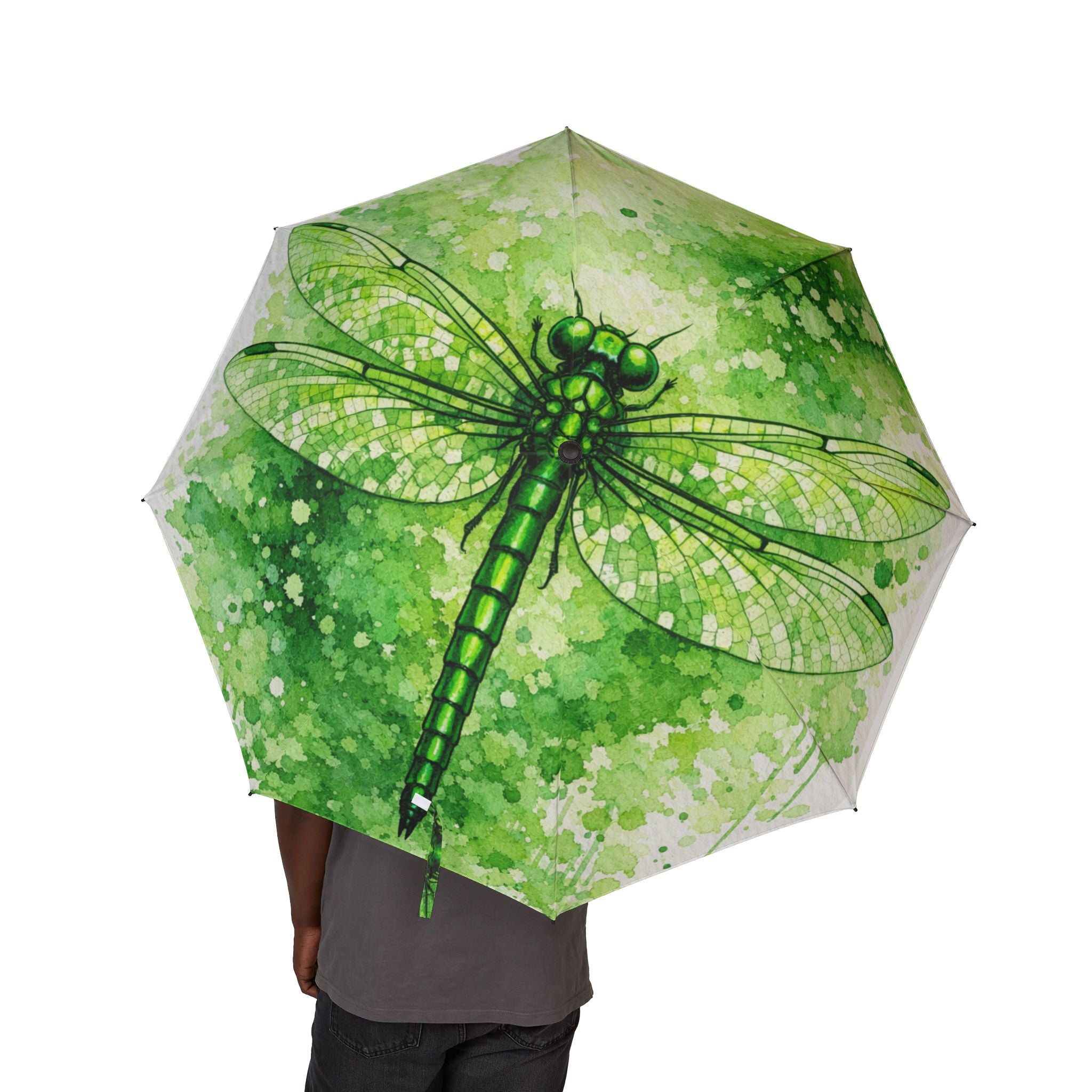 Dragonfly Print Foldable Umbrella – Green Watercolor Splash