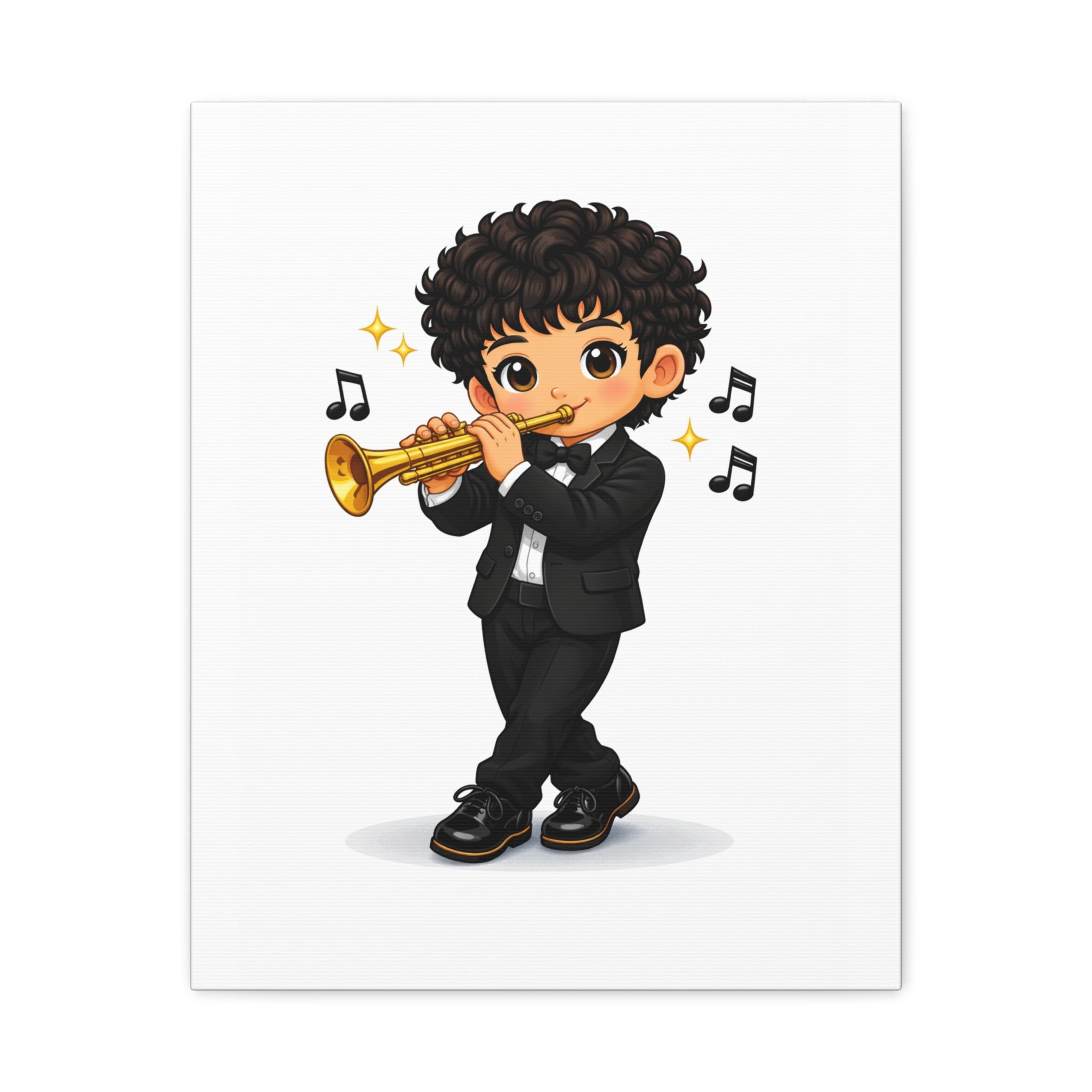 Trumpet Player Canvas Wall Art — Cute Boy Musician Illustration, Matte Stretched 1.25"