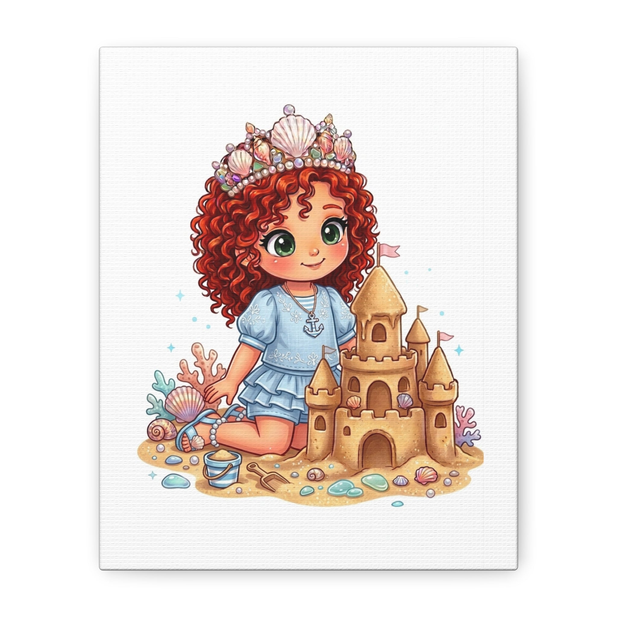 Kids' Canvas Art — Red Curly Mermaid Princess with Sandcastle Matte Stretched Canvas