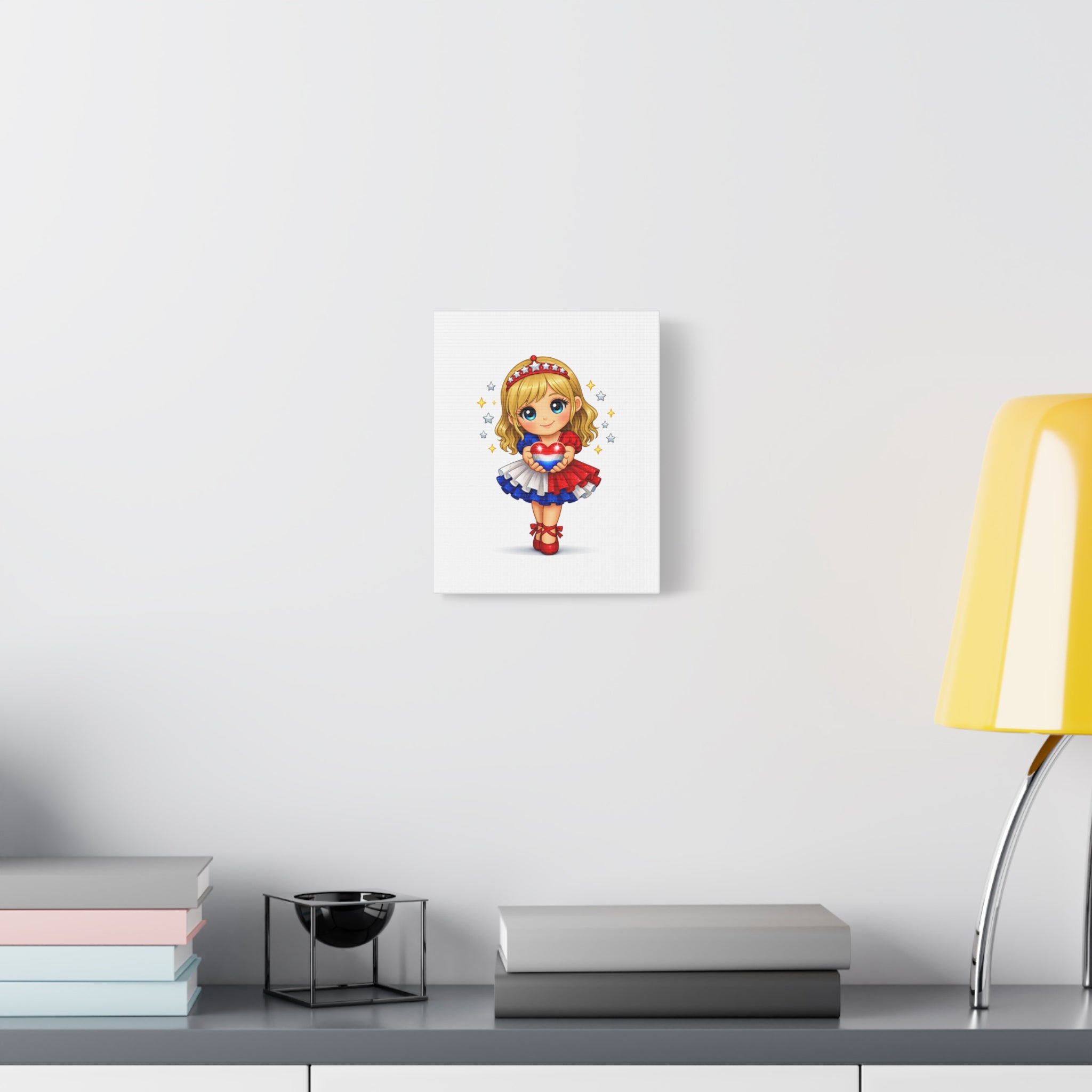 Patriotic Cute Girl Canvas Art — Red White Blue Heart Wall Decor