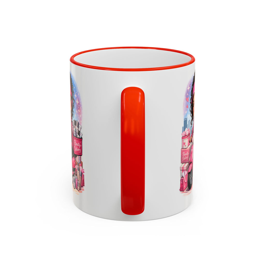 Coffee Mug — Cute Pink Makeup Girl Illustration Accent Rim & Handle