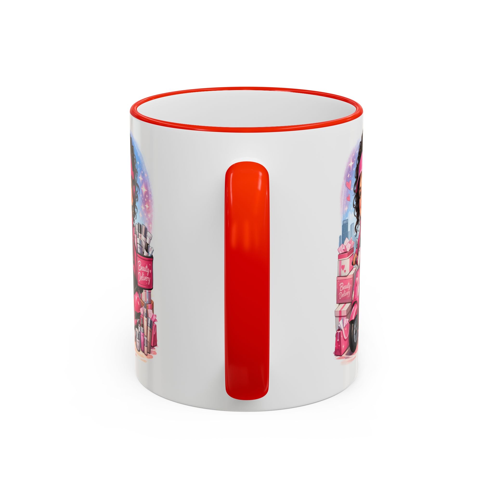 Coffee Mug — Cute Pink Makeup Girl Illustration Accent Rim & Handle
