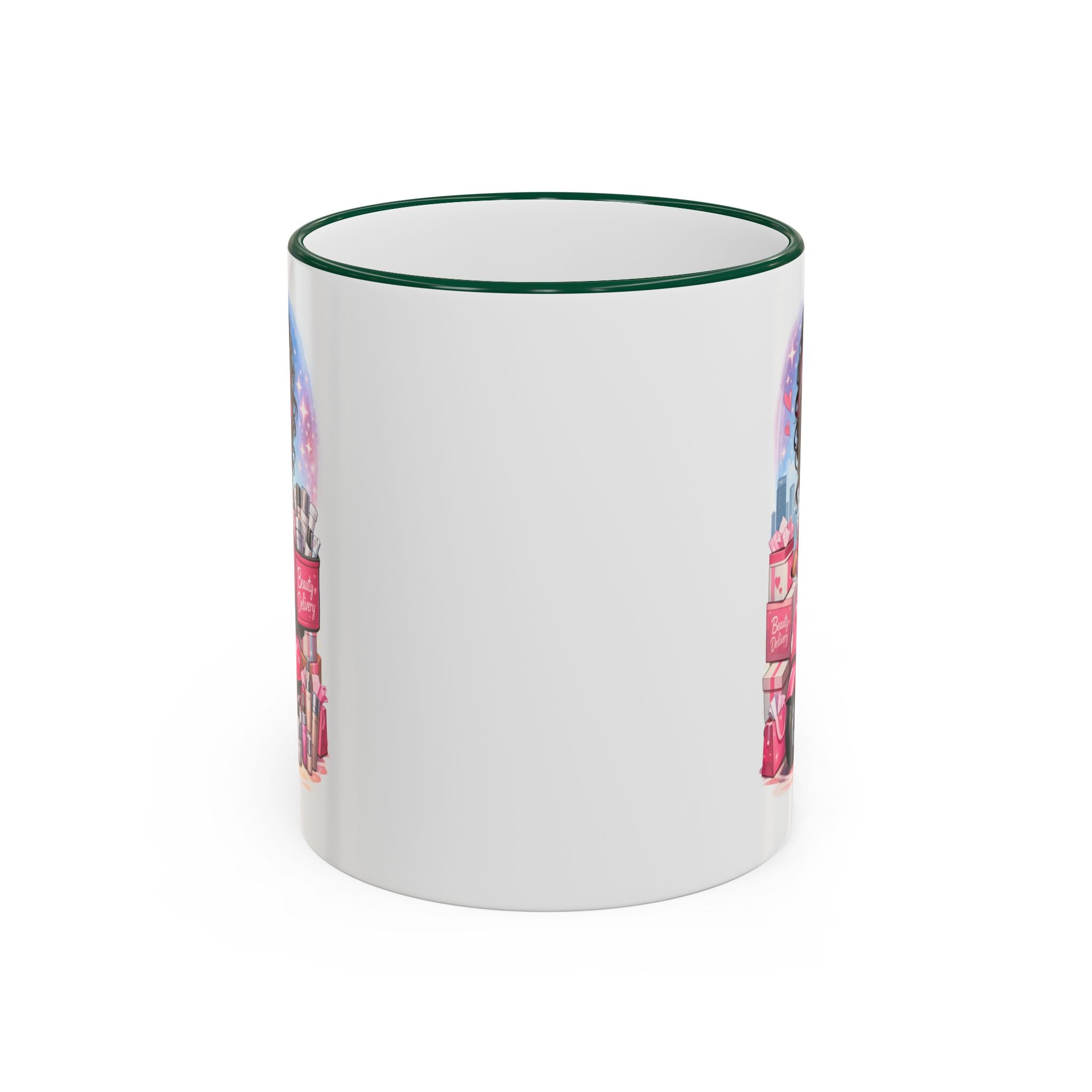 Coffee Mug — Cute Pink Makeup Girl Illustration Accent Rim & Handle