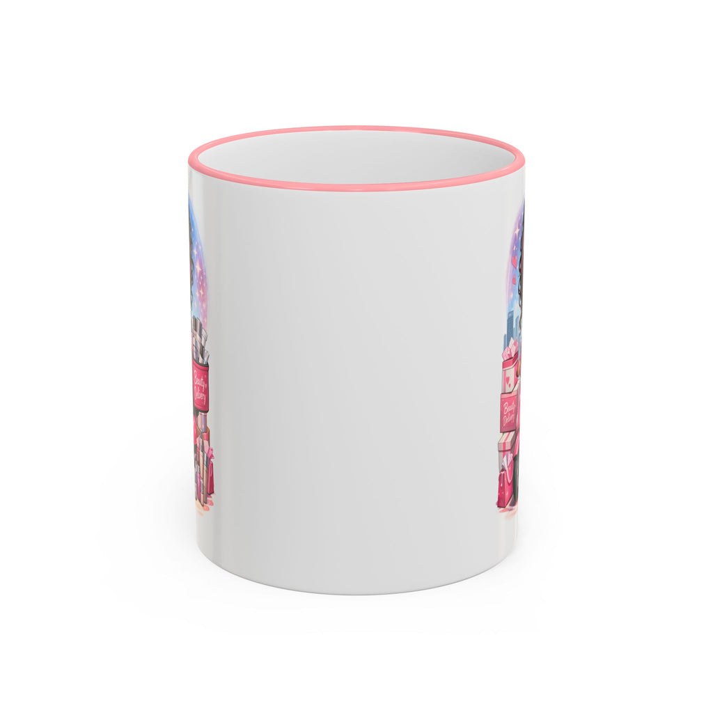 Coffee Mug — Cute Pink Makeup Girl Illustration Accent Rim & Handle