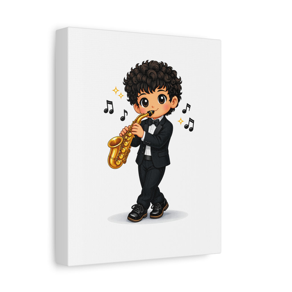 Cute Saxophonist Wall Canvas — Chibi Boy Playing Saxophone Artwork