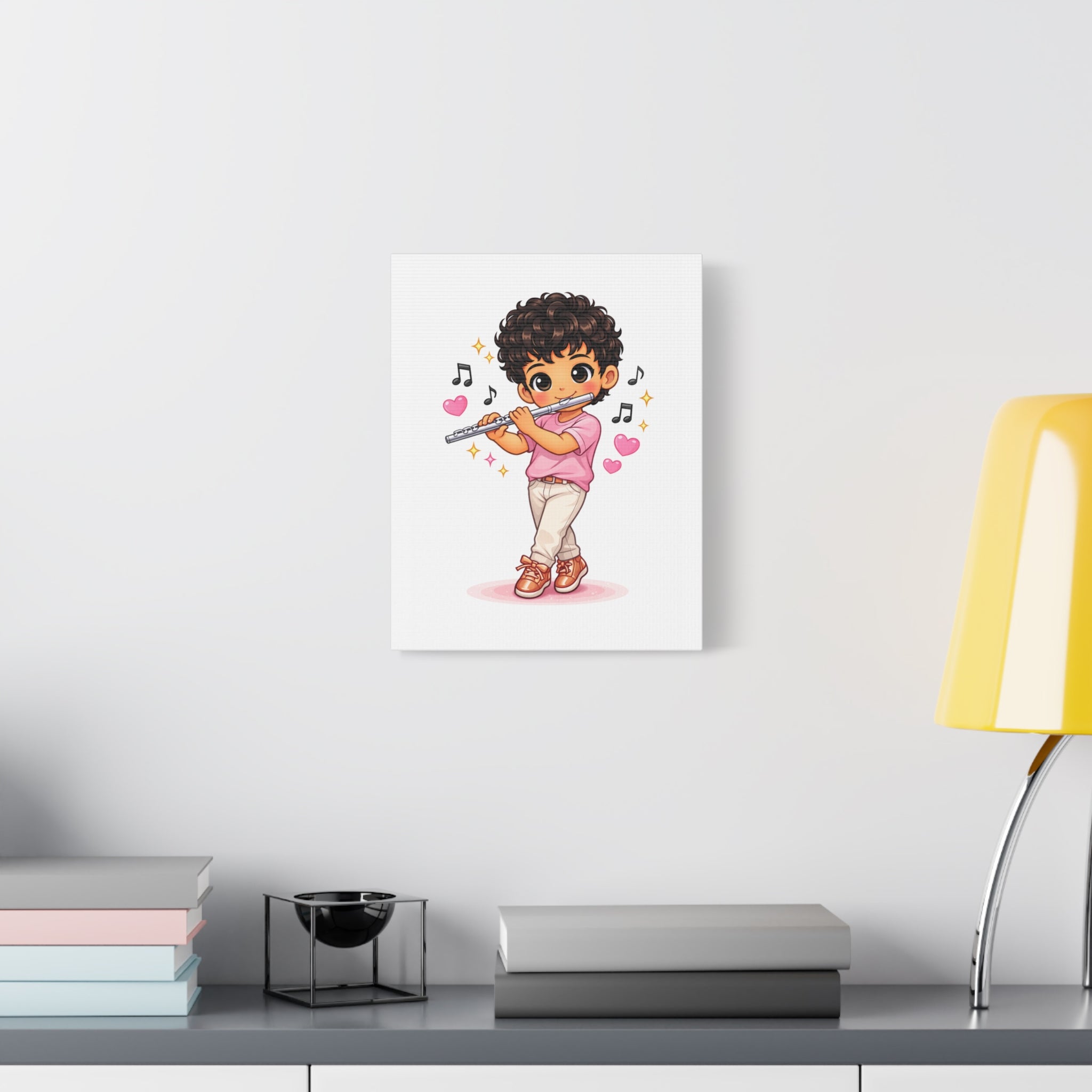 Cute Boy Playing Flute Matte Canvas Wall Art — Chibi Musician Decor