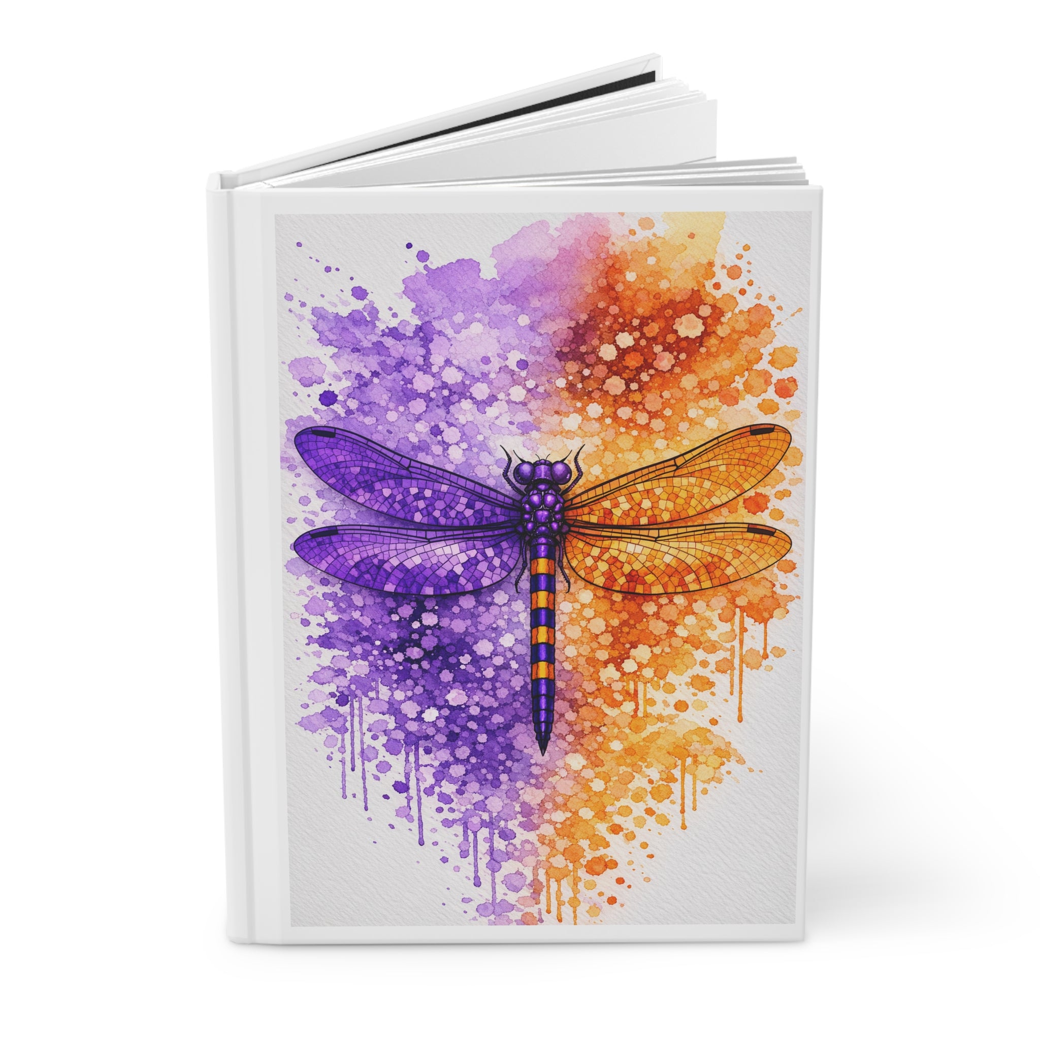 Dragonfly Watercolor Hardcover Journal — Purple & Orange Splatter Art Notebook