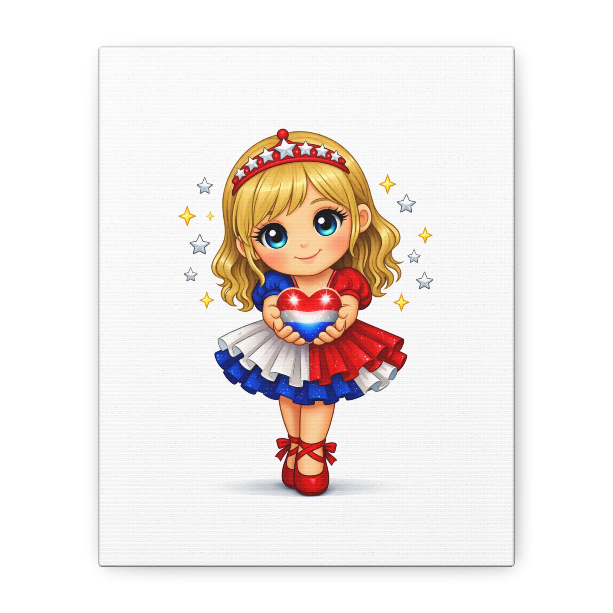 Patriotic Cute Girl Canvas Art — Red White Blue Heart Wall Decor