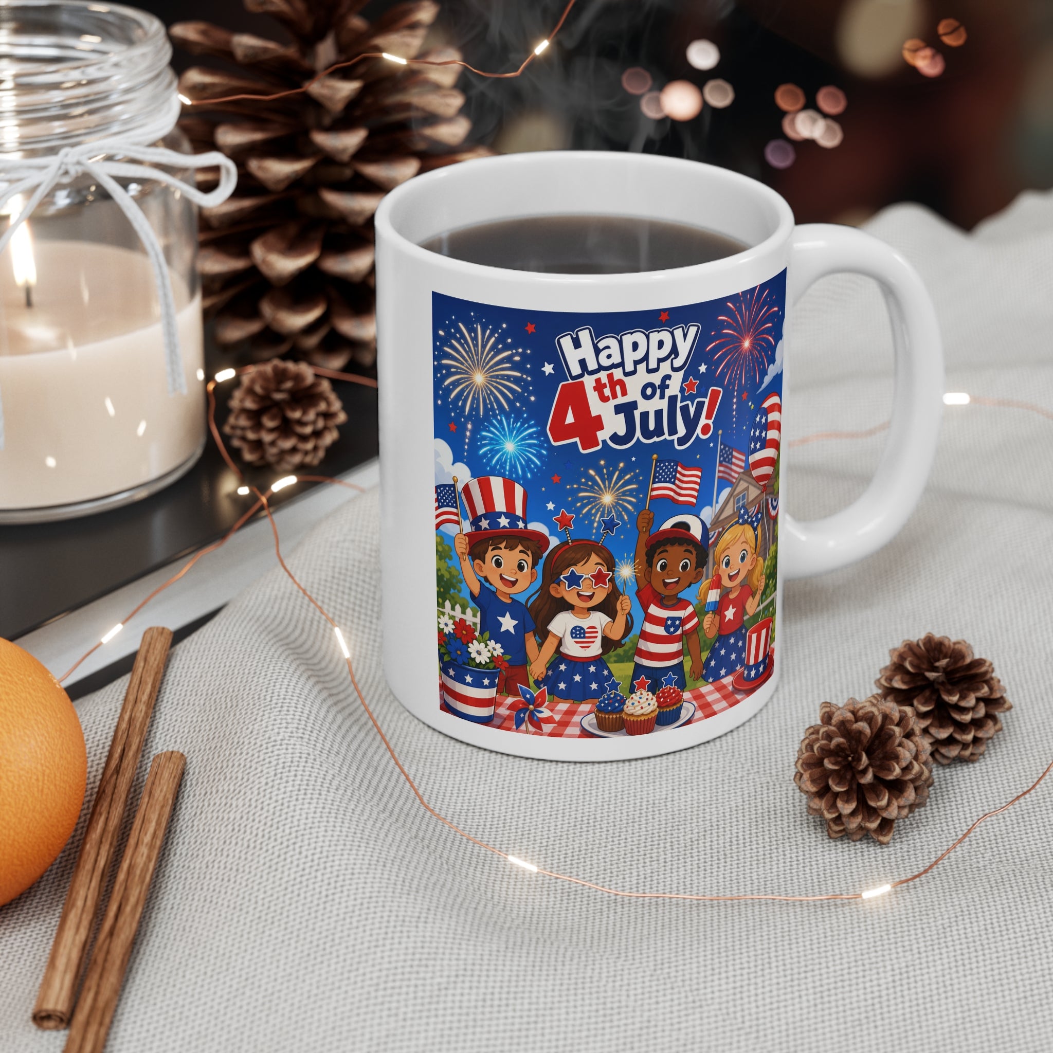 4th of July Mug – Patriotic Kids Fireworks Coffee Cup (11 oz)