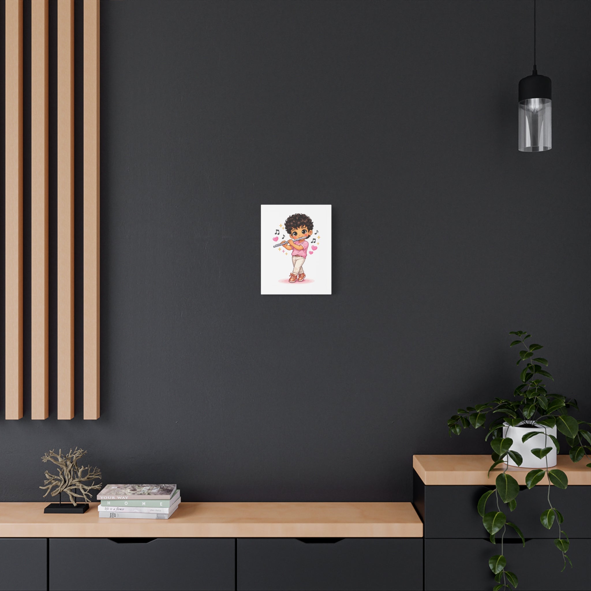 Cute Boy Playing Flute Matte Canvas Wall Art — Chibi Musician Decor